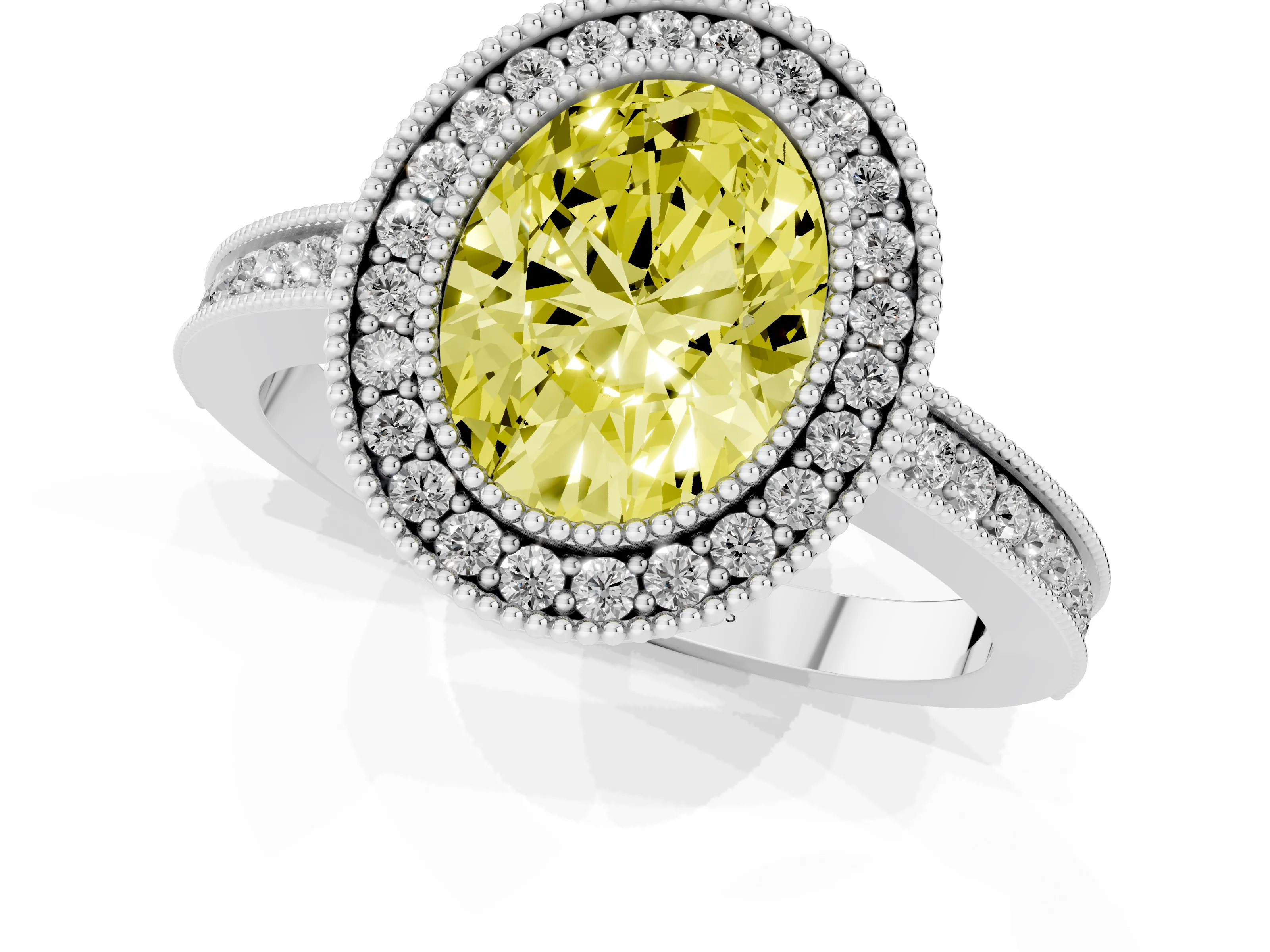 Fancy Yellow Oval Cut Diamond Halo Ring Set in Silver with Pavé Band and Milgrain-Edged Prongs