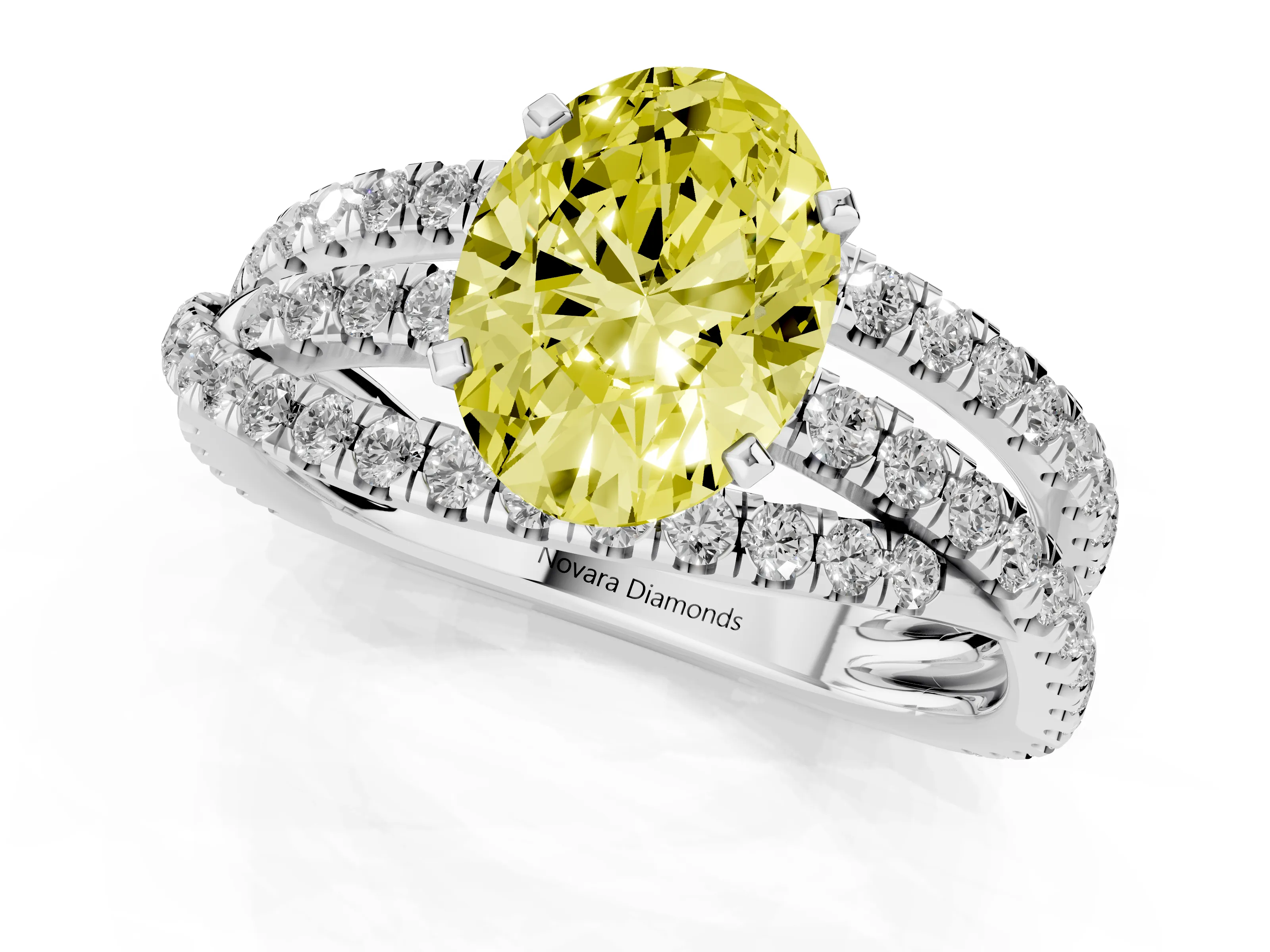 Fancy Yellow Oval Cut Diamond Solitaire Twist Band Ring Set in Platinum with Pavé Setting and Prong Head