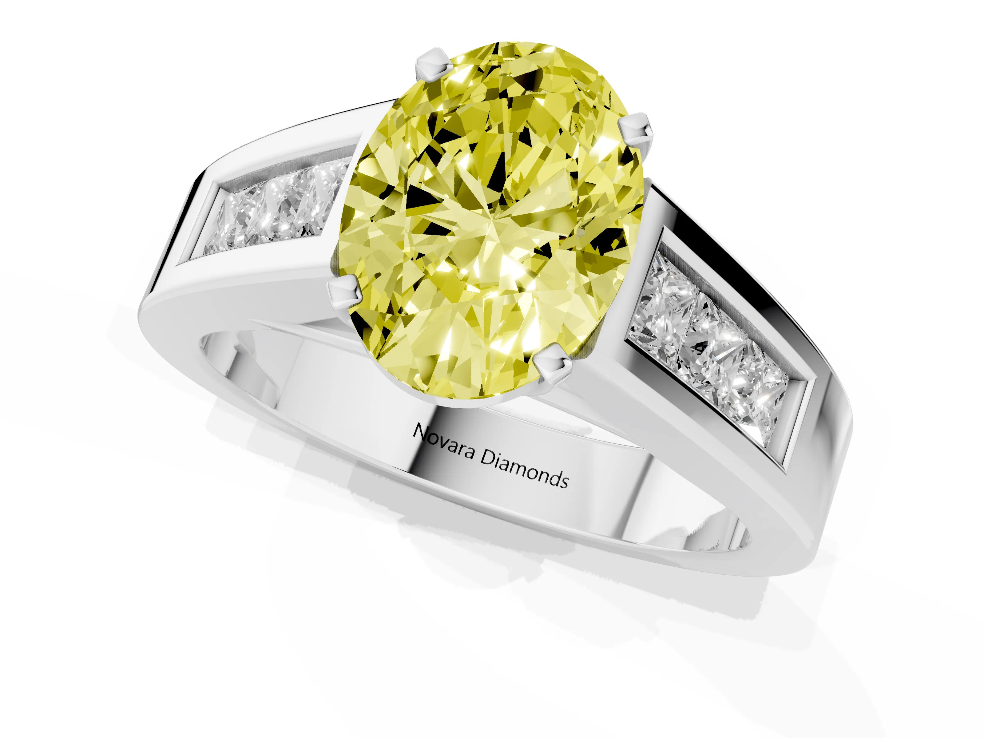 Fancy Yellow Oval Cut Diamond Solitaire Ring Set in Silver with Channel-Set Accent Stones and Prong Setting