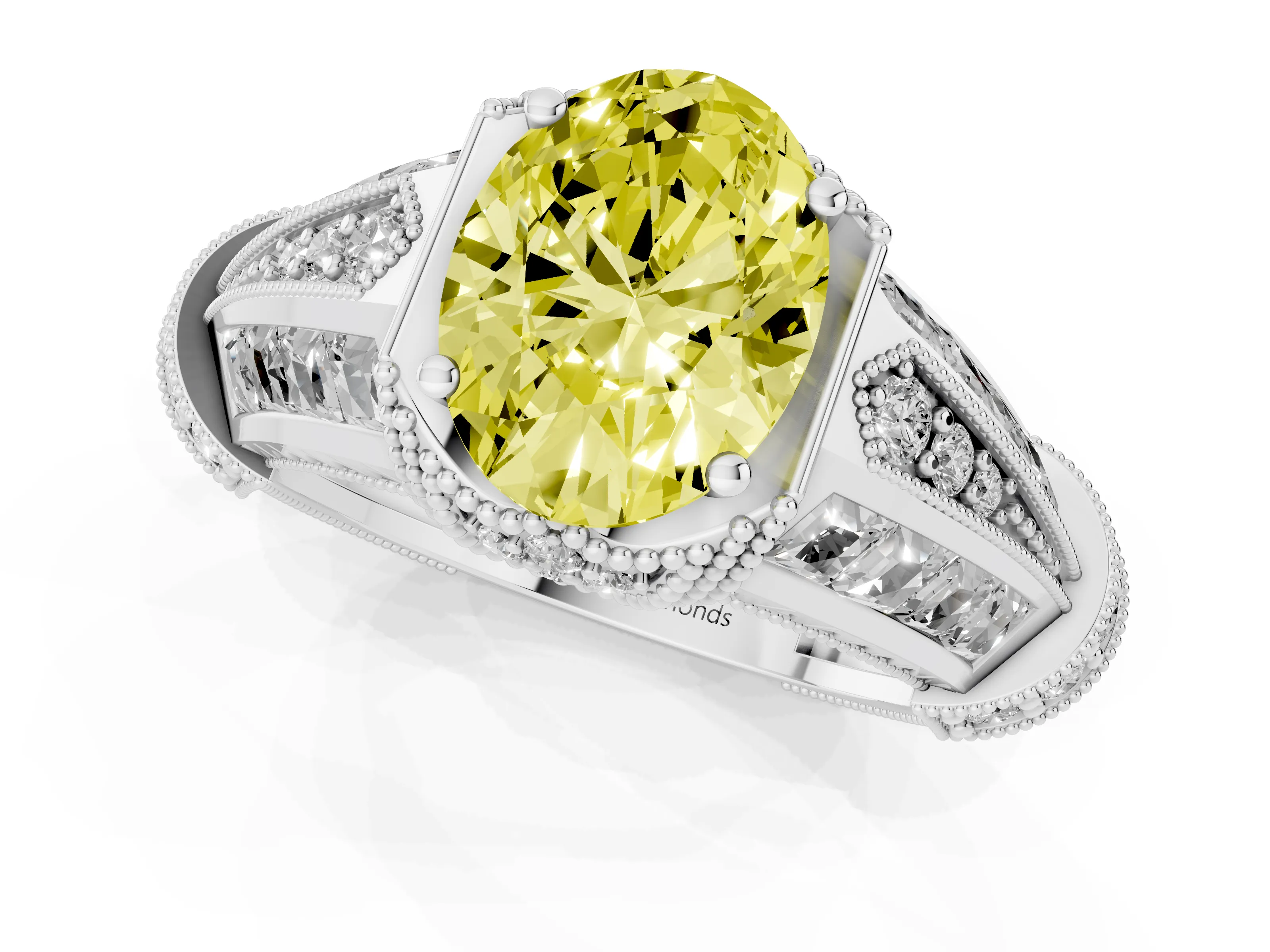 Fancy Yellow Oval Cut Diamond Vintage-Inspired Milgrain Ring Set in Silver with Accent Split Shank