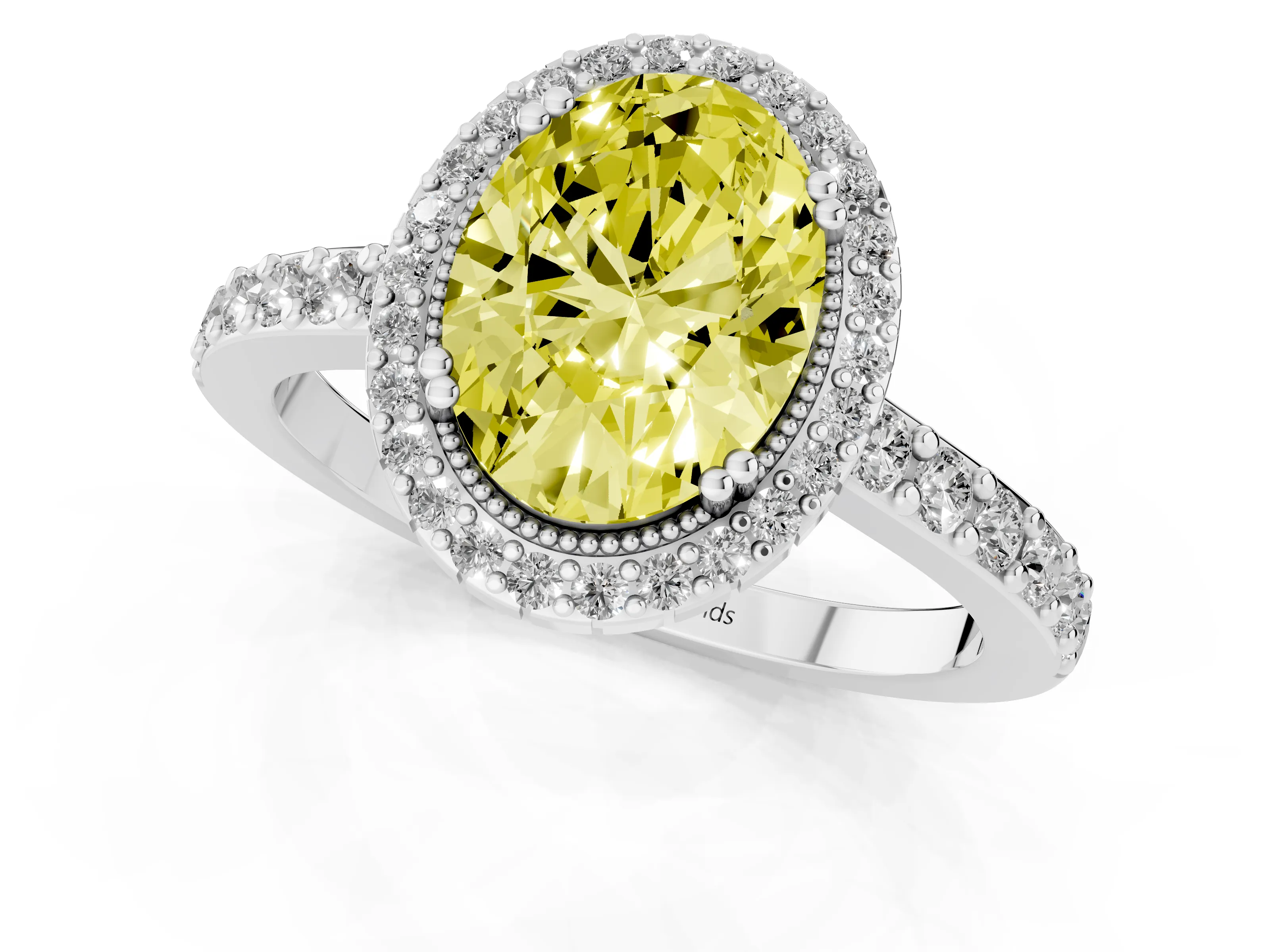 Fancy Yellow Oval Cut Diamond Halo Engagement Ring Set in Platinum with Milgrain Detail and Pavé Band