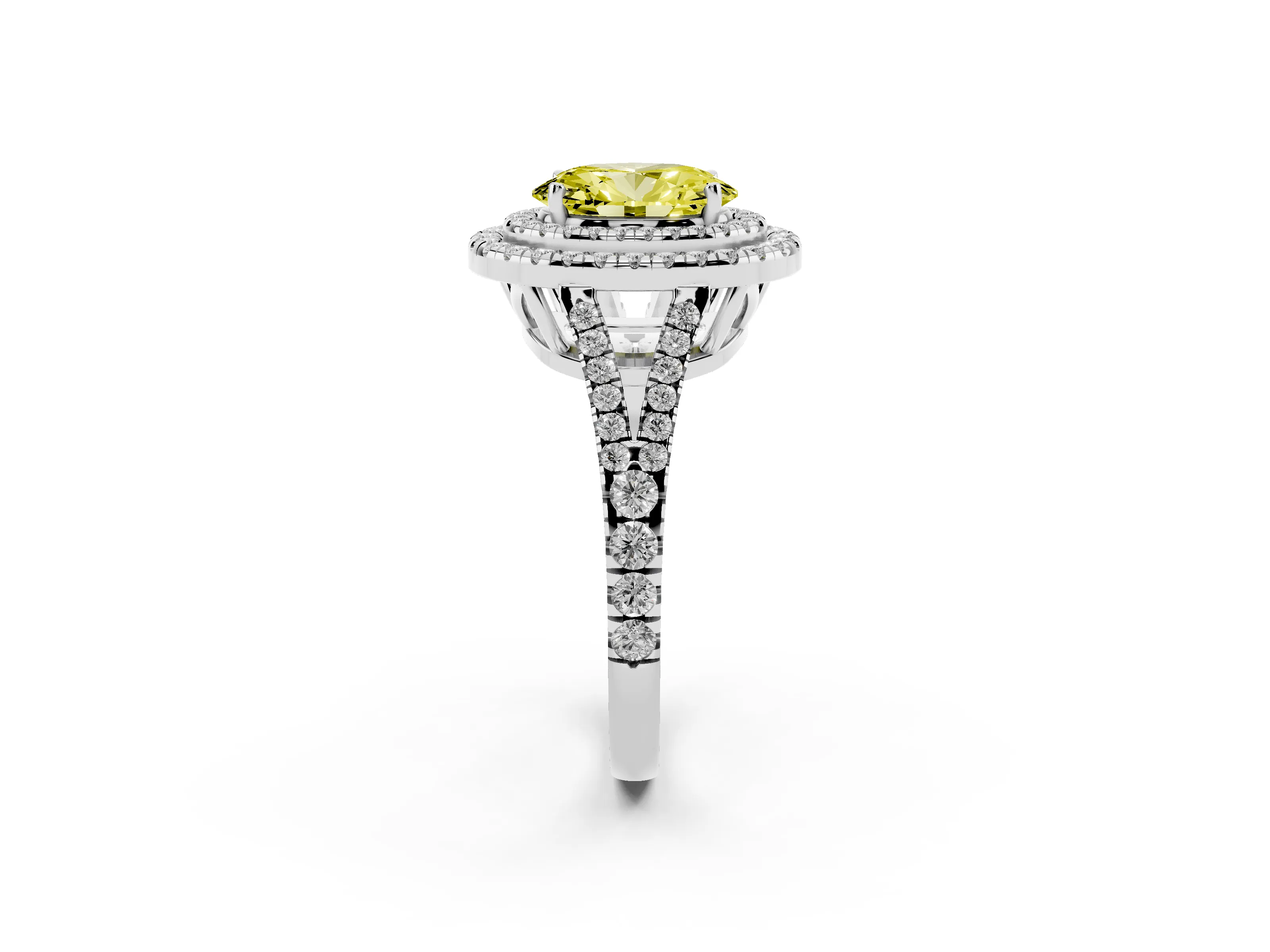 Fancy Yellow Oval Cut Diamond Double Halo Ring Set in Platinum with Pavé Band