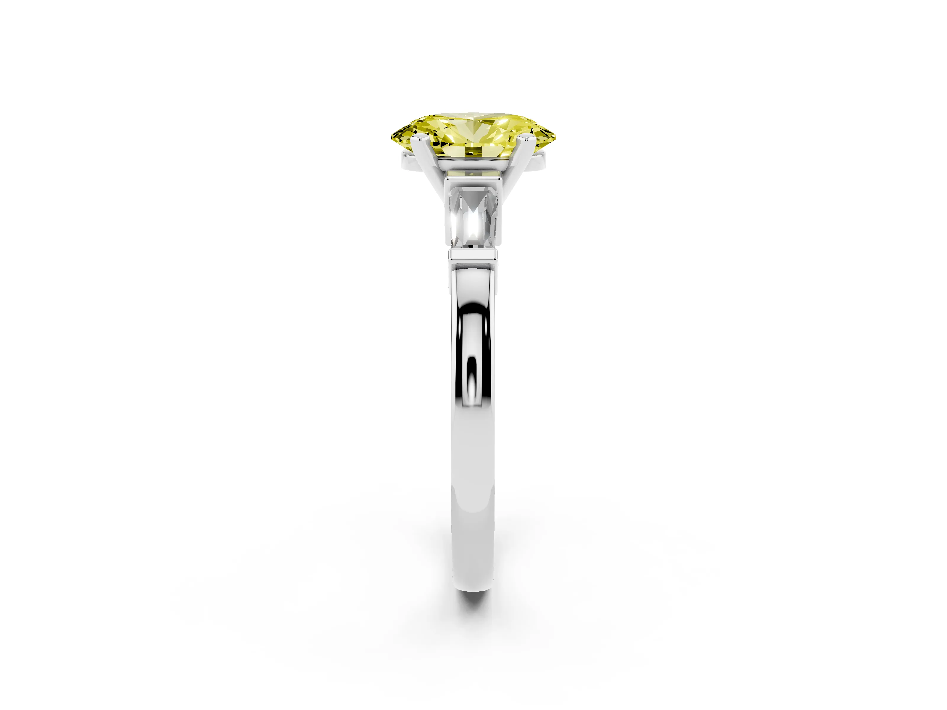 Fancy Yellow Oval Cut Diamond Solitaire Ring Set in White gold with Tapered Baguette Accents and Prong Setting
