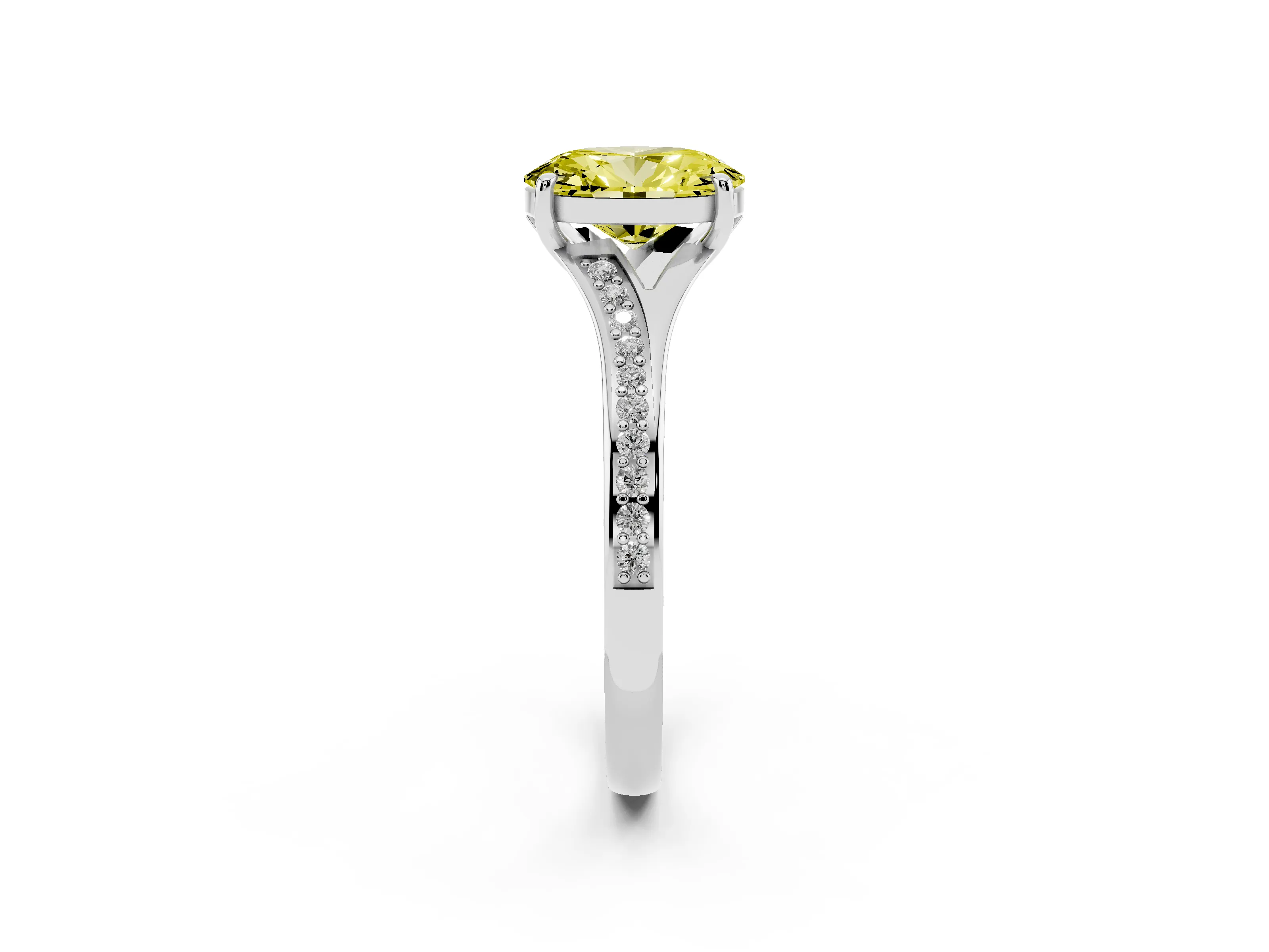 Fancy Yellow Oval Cut Diamond Solitaire Ring Set in White gold with Pavé Accent Band and Classic Prong Setting