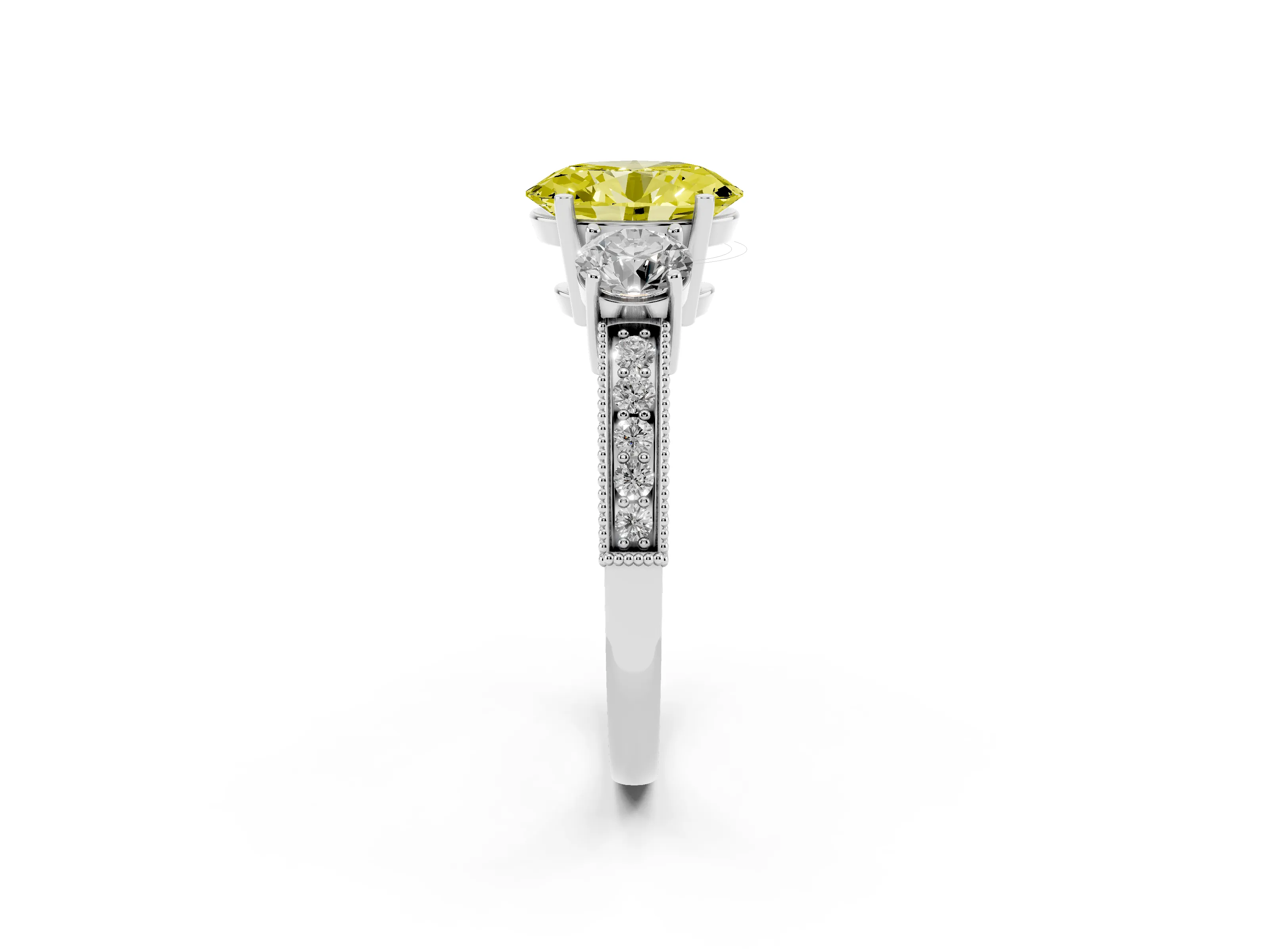Fancy Yellow Oval Cut Diamond Three-Stone Ring Set in Silver with Round Side Stones and Pavé Band