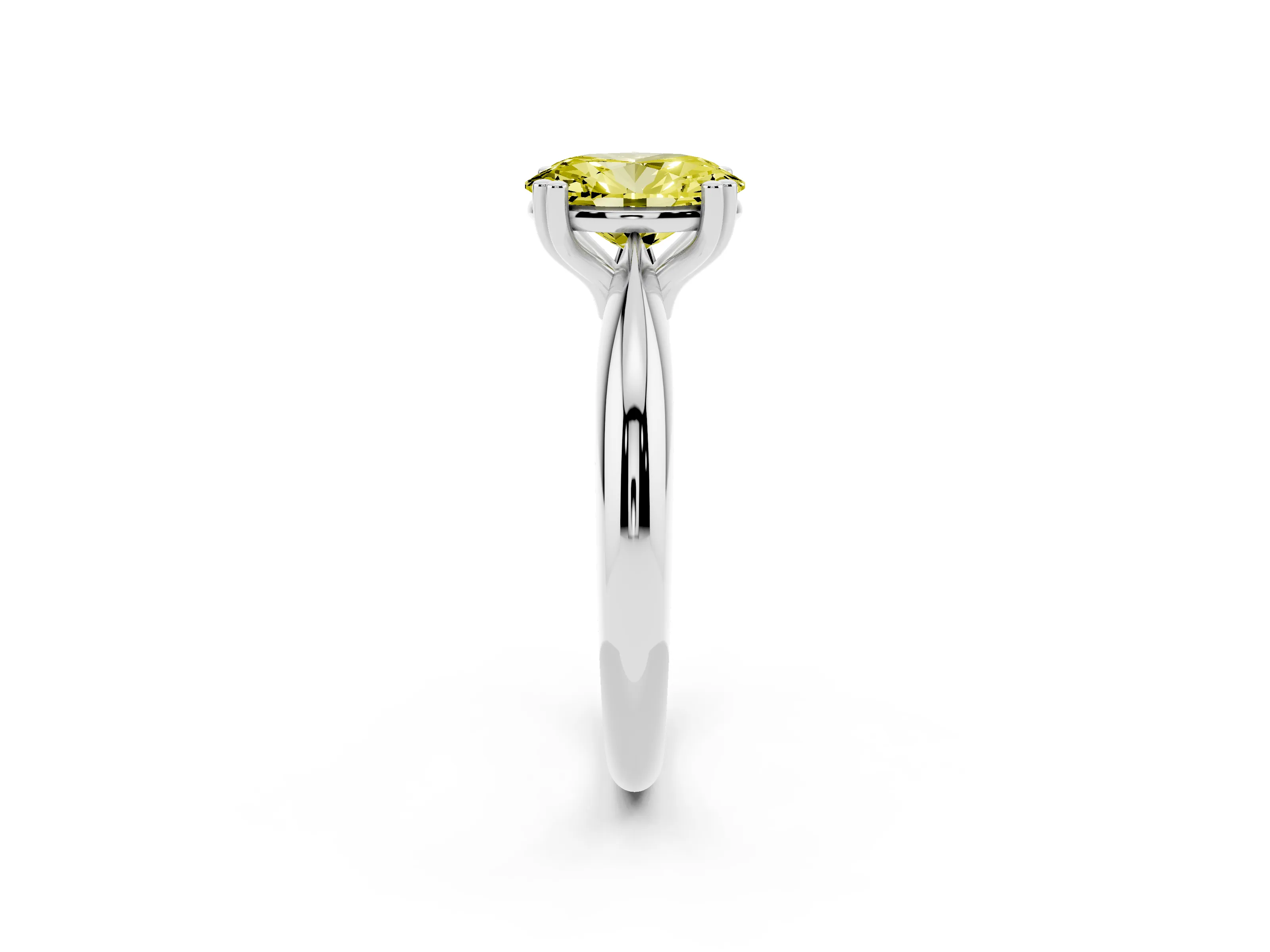 Fancy Yellow Oval Cut Diamond Solitaire Engagement Ring Set in White gold with Tapered Band and Prong Setting