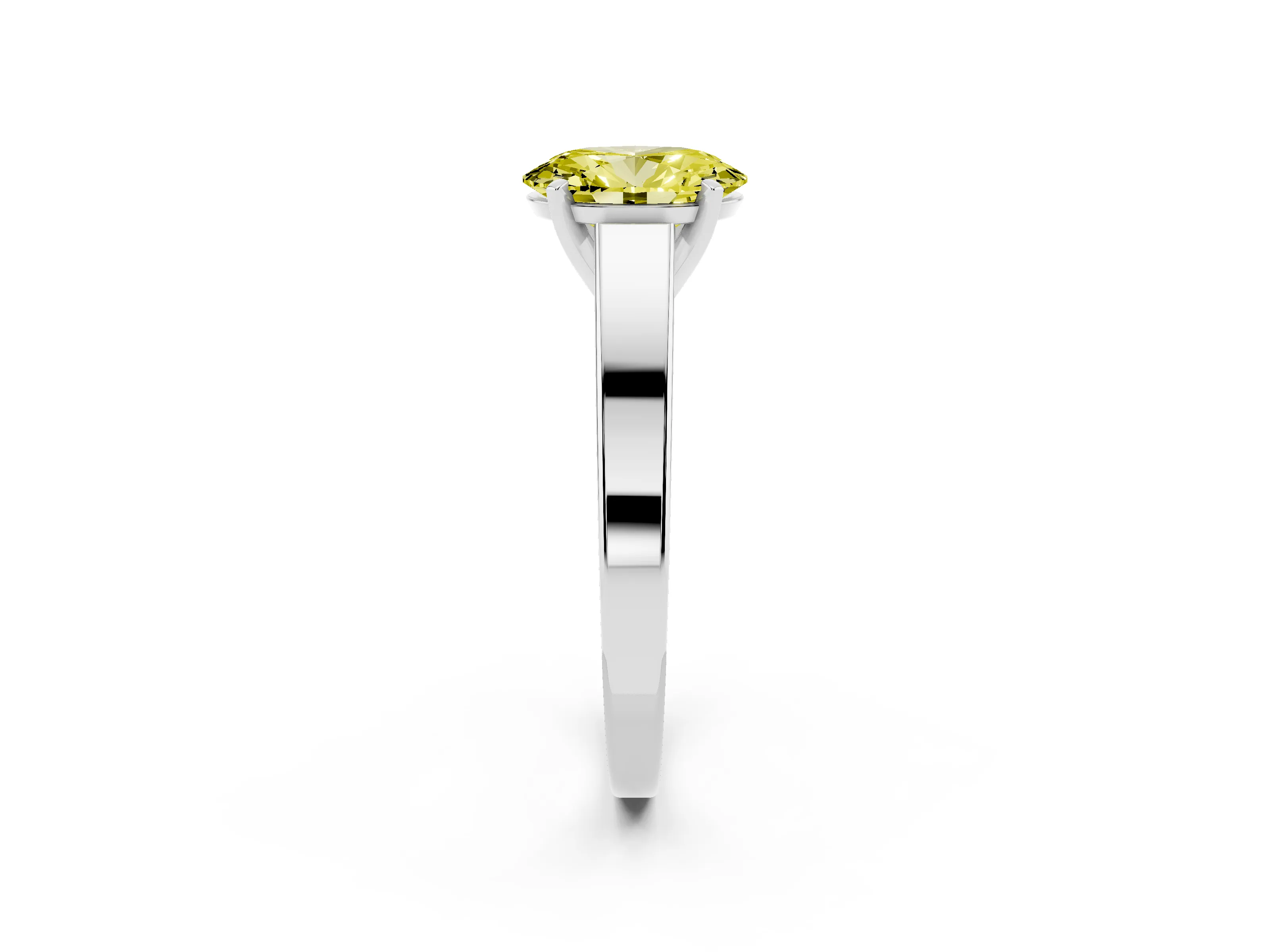 Fancy Yellow Oval Cut Diamond Solitaire Engagement Ring Set in White gold with Prong Setting and Tapered Band