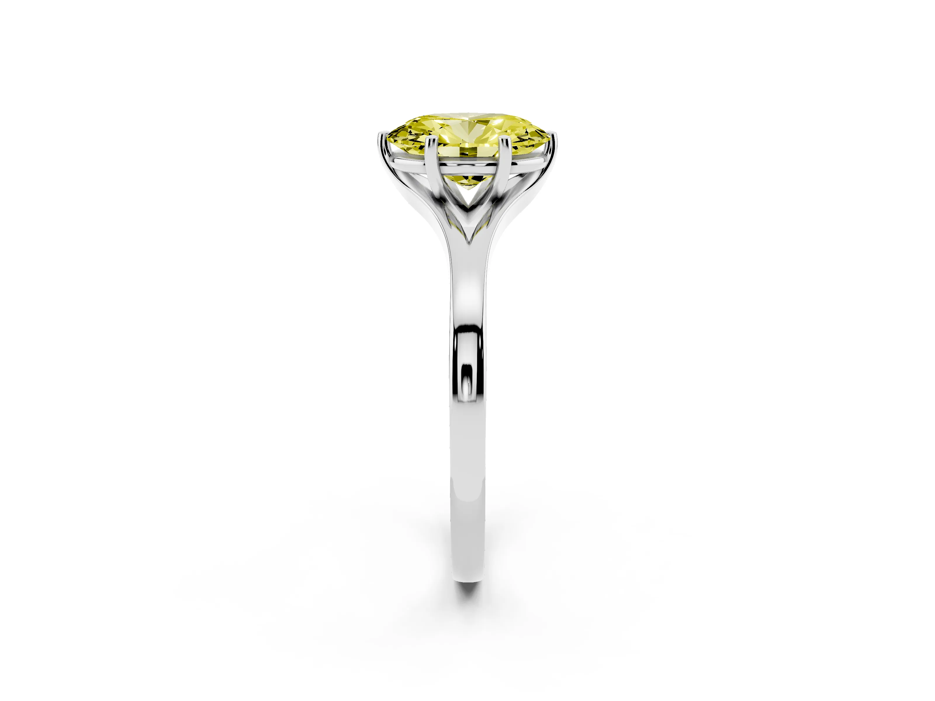Fancy Yellow Oval Cut Diamond Solitaire Ring Set in Silver with Polished Tapered Band and Prong Setting