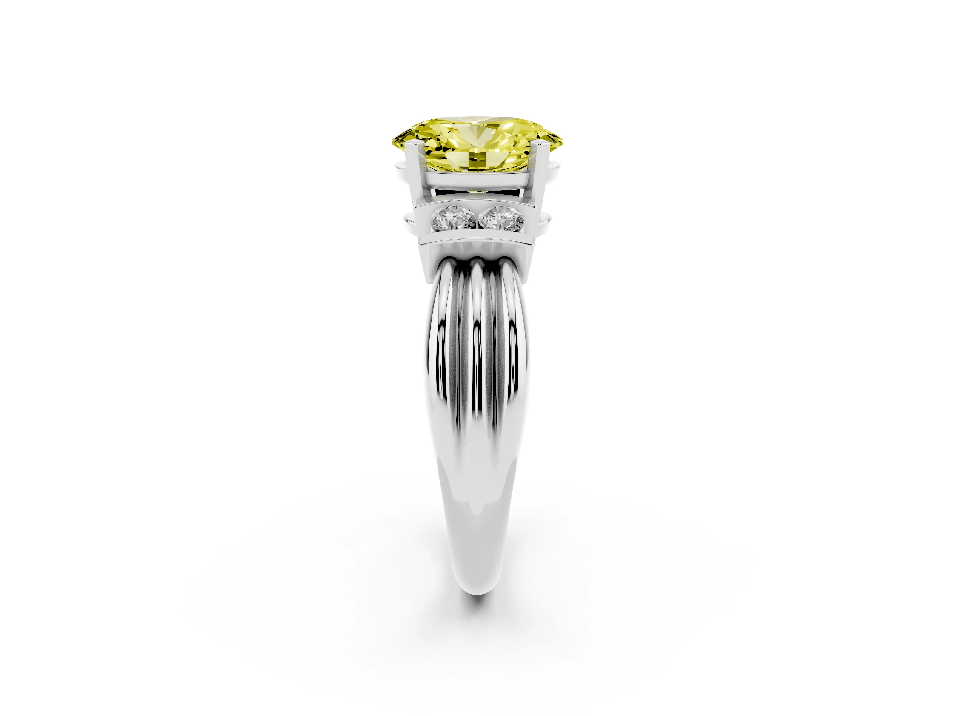 Fancy Yellow Three-Stone Oval Cut Diamond Channel Set Ring Set in White gold with Bar Prongs