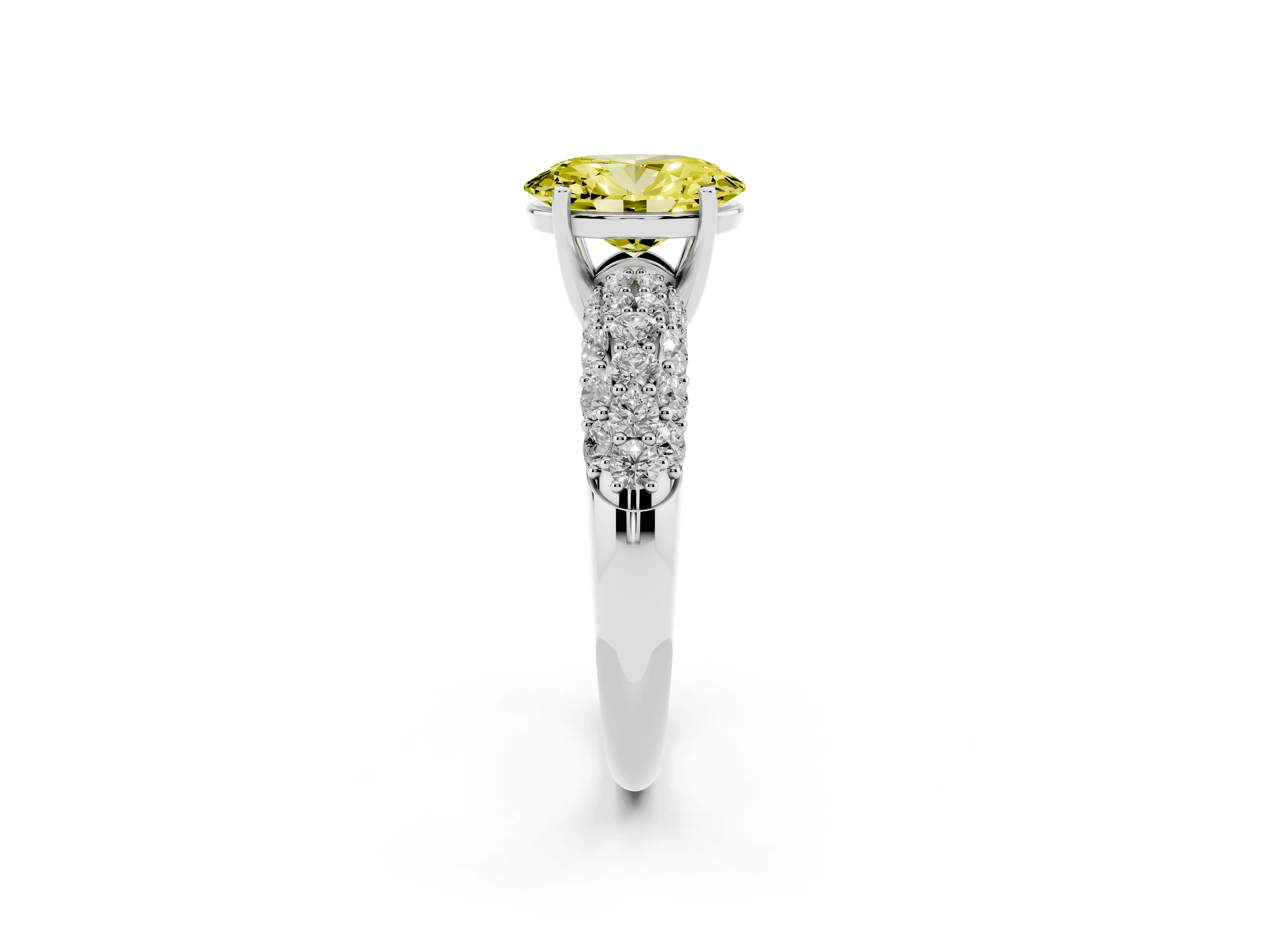 Fancy Yellow Oval Cut Diamond Pavé Band Solitaire Ring Set in White gold with Close-Set Accent Stones and Prong Setting