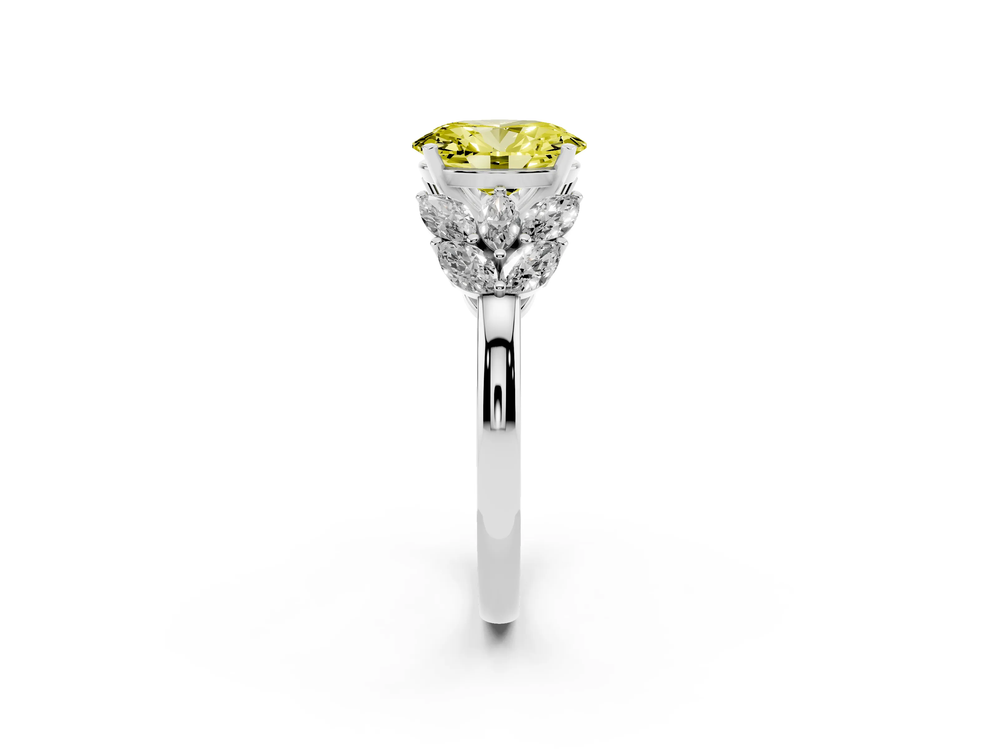 Fancy Yellow Oval Cut Diamond Cluster Leaf Design Ring Set in White gold with Prong Setting