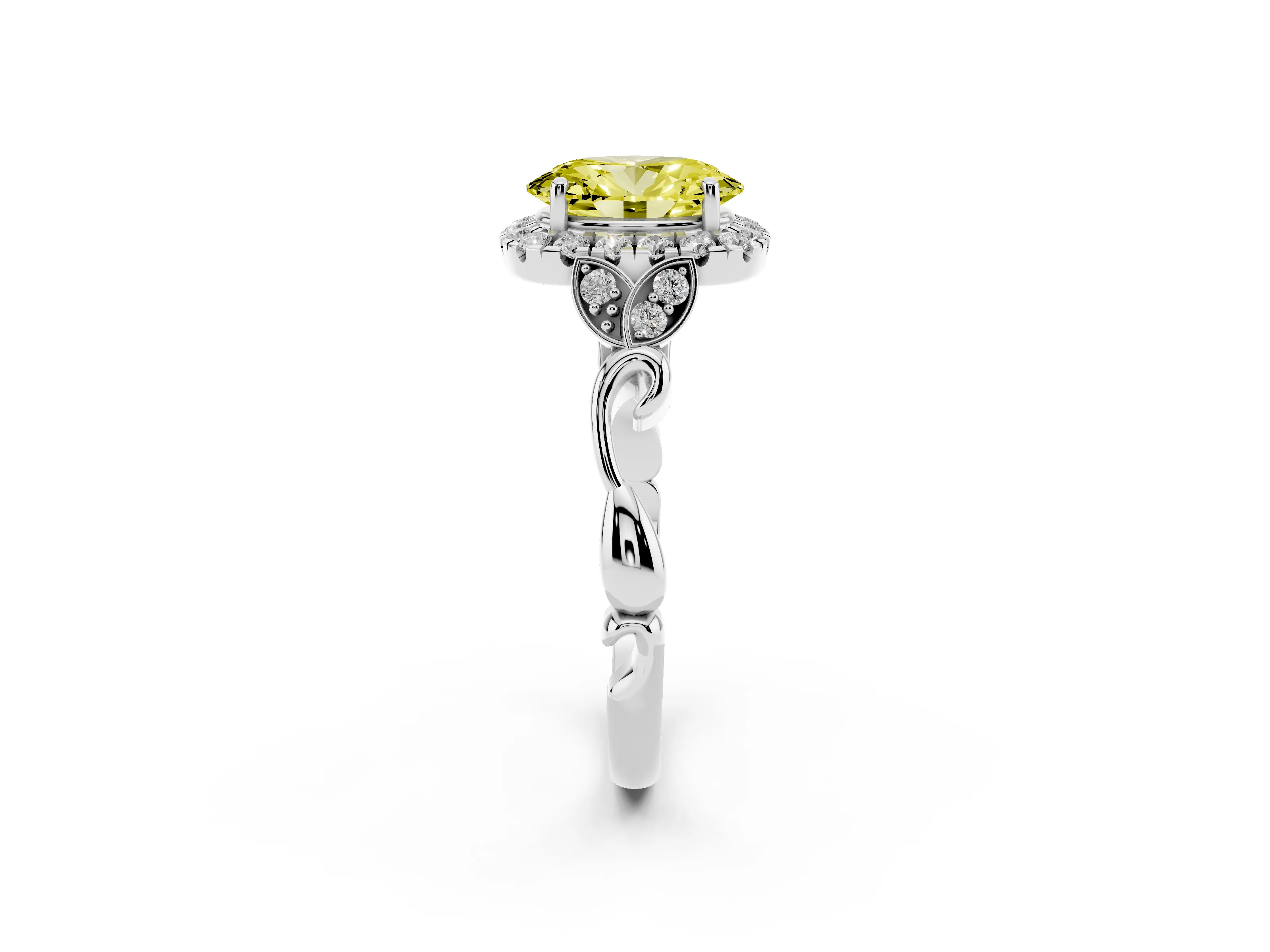 Fancy Yellow Oval Cut Diamond Halo Engagement Ring Set in White gold with Vintage-Inspired Band and Prong Setting