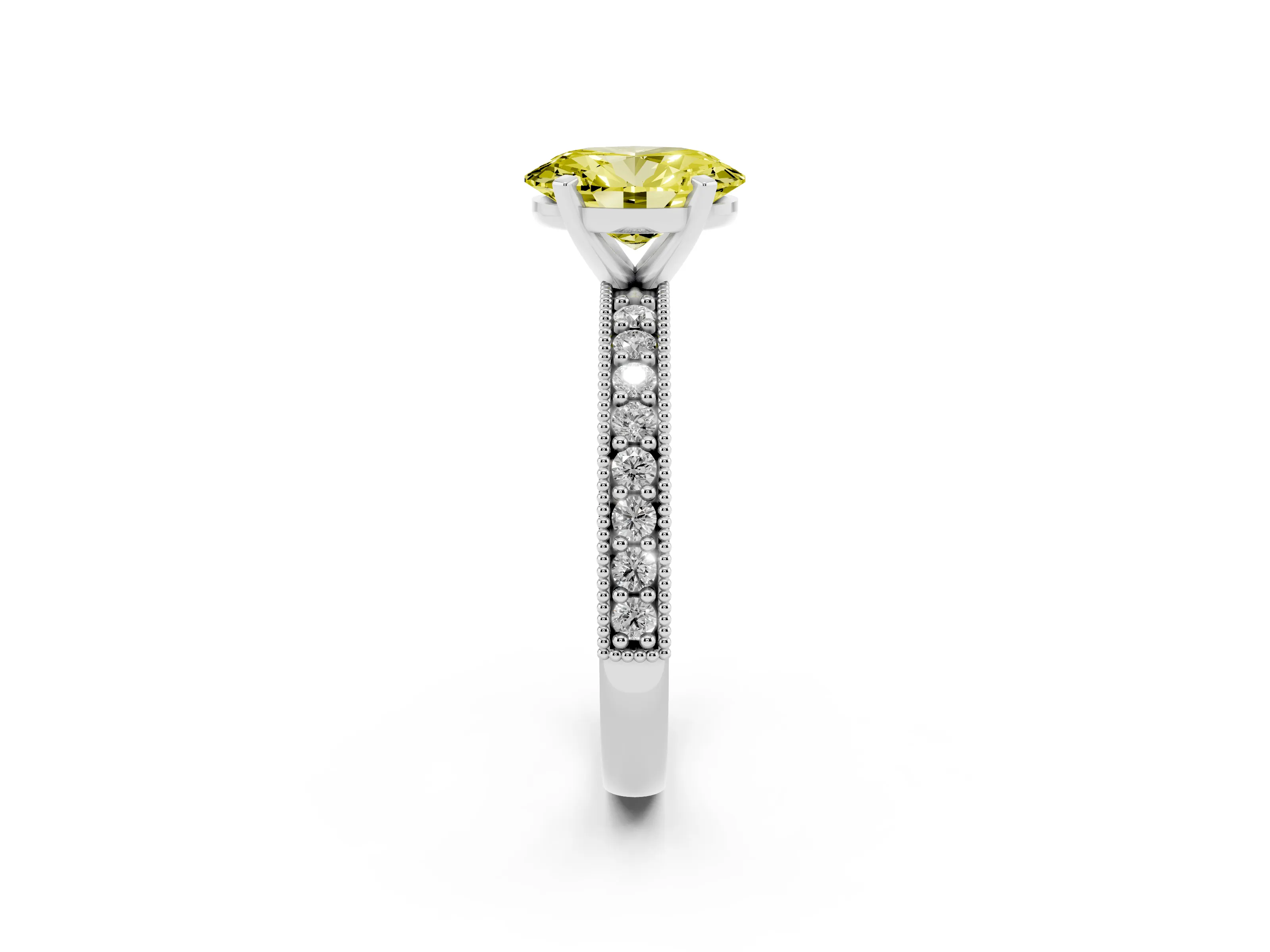 Fancy Yellow Oval Cut Diamond Milgrain Pavé Engagement Ring Set in Platinum with Prong Setting