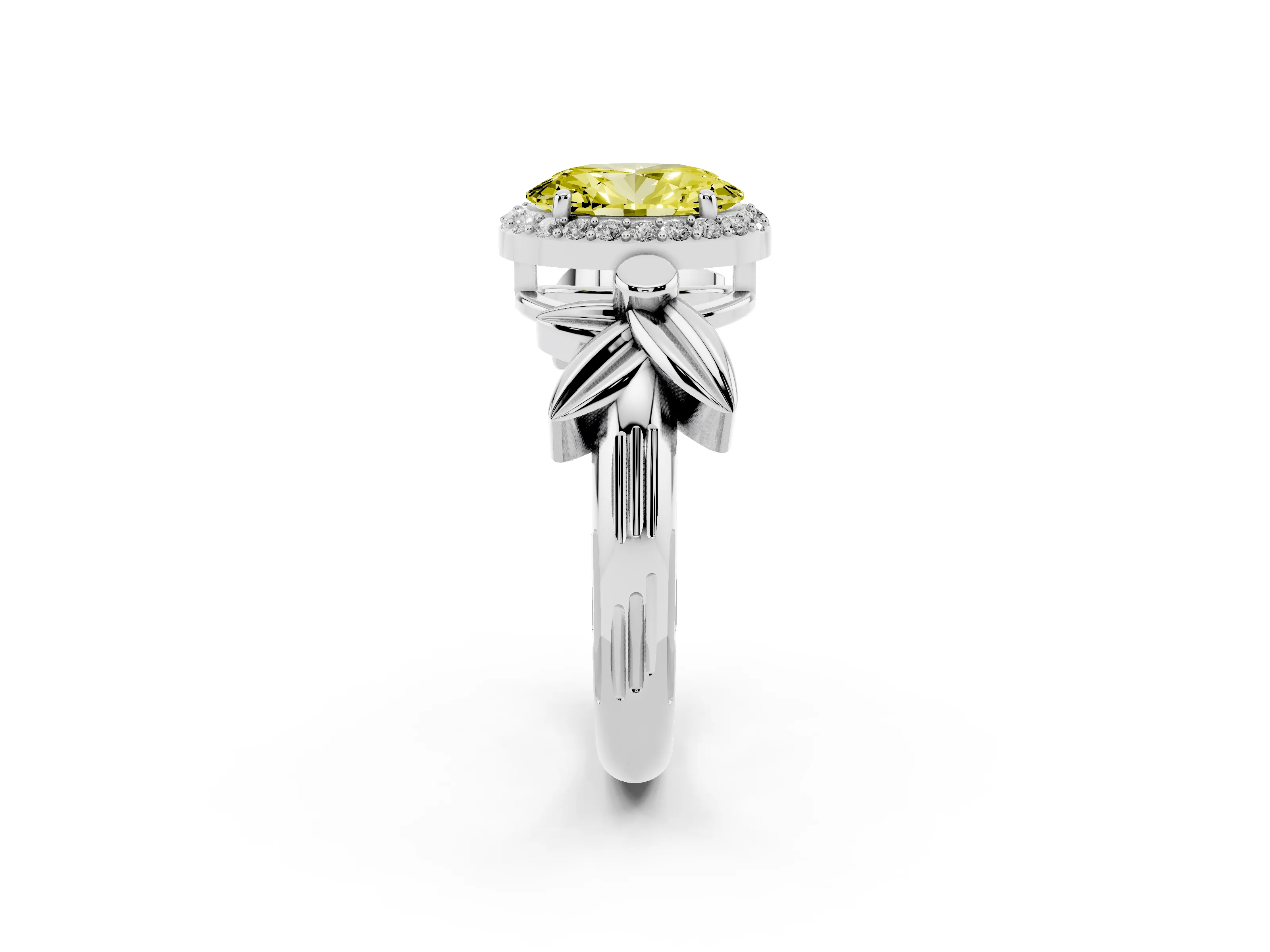 Fancy Yellow Oval Cut Diamond Halo Floral Band Ring Set in Silver with Prong Setting