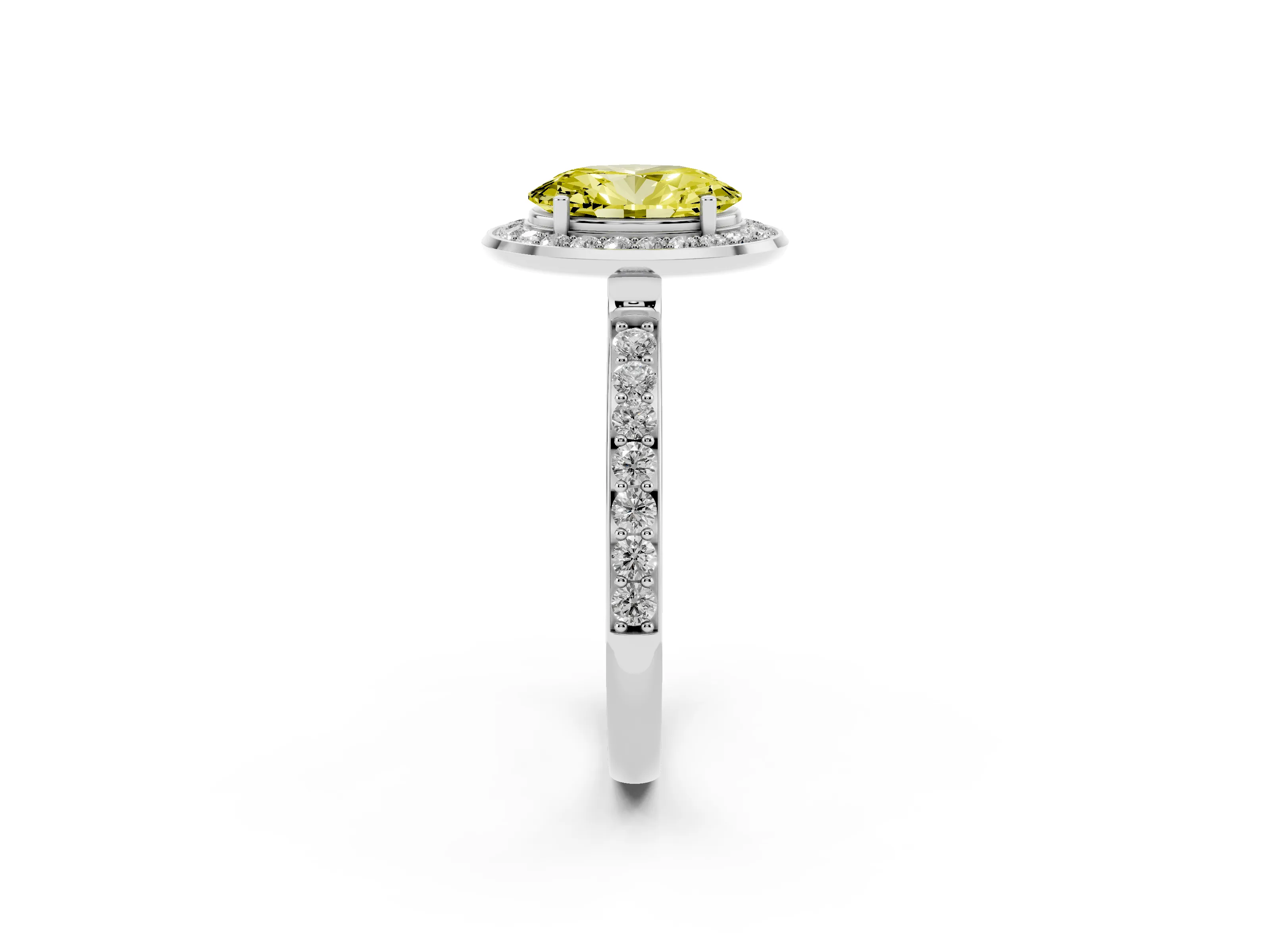 Fancy Yellow Oval Cut Diamond Halo Ring Set in White gold with Bezel Frame and Pavé Band