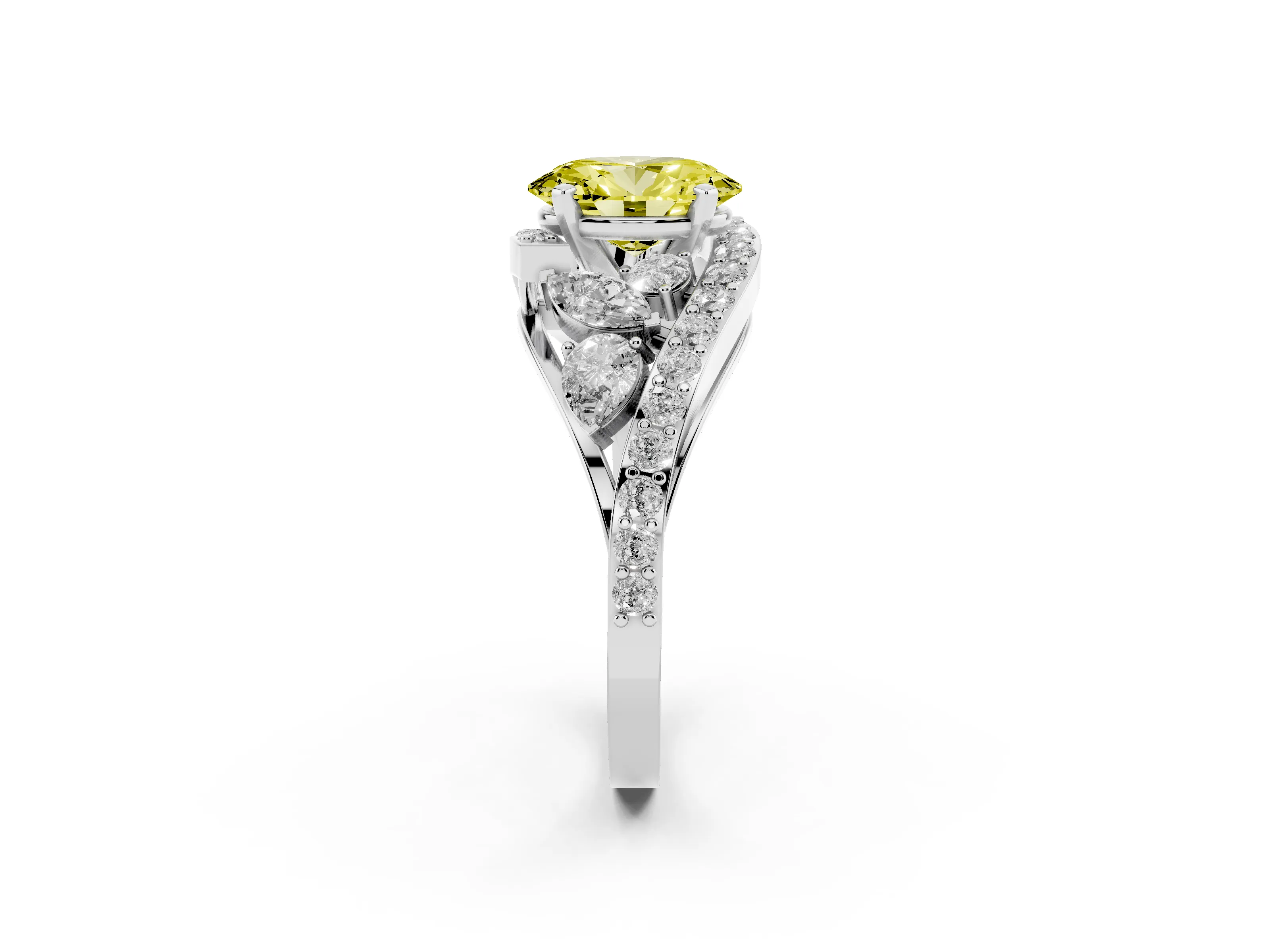 Fancy Yellow Oval Cut Diamond Halo Ring Set in Platinum with Marquise and Pavé Band in Prong Setting
