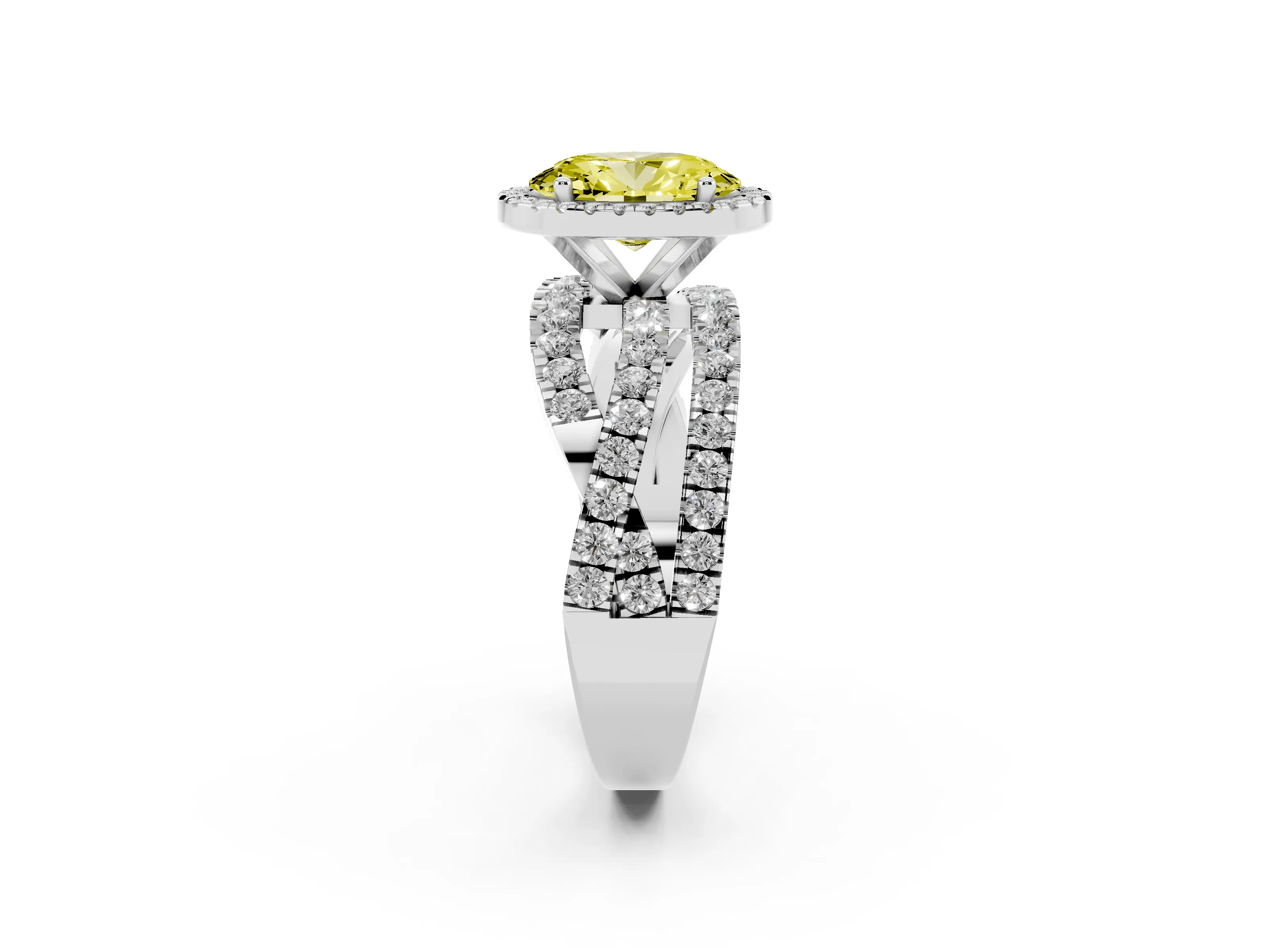 Fancy Yellow Oval Cut Diamond Halo Ring Set in Silver with Round Crossover Split Shank and Prong Setting