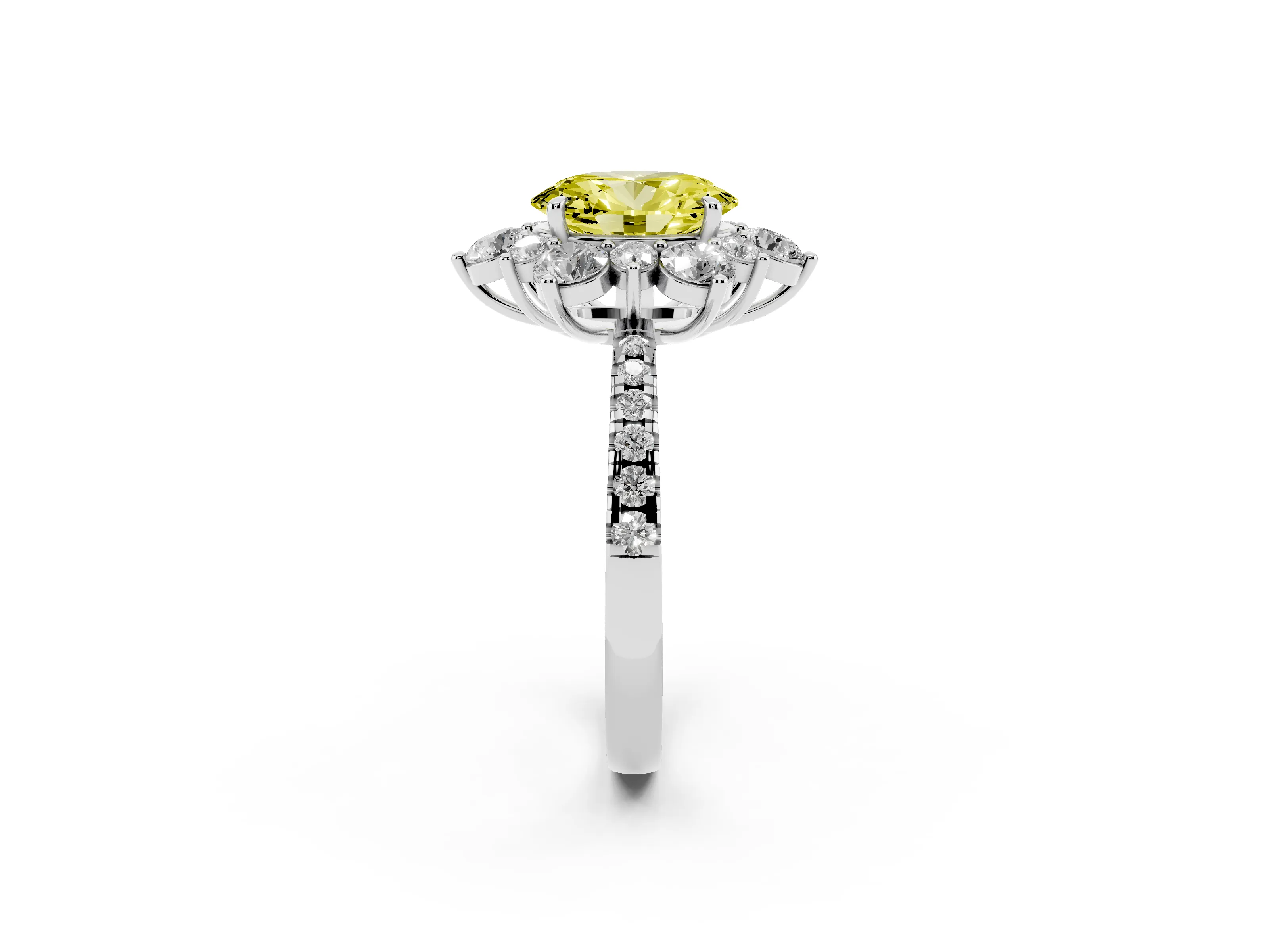 Fancy Yellow Oval Cut Diamond Floral Halo Ring Set in Platinum with Round Pavé Band and Prong Setting