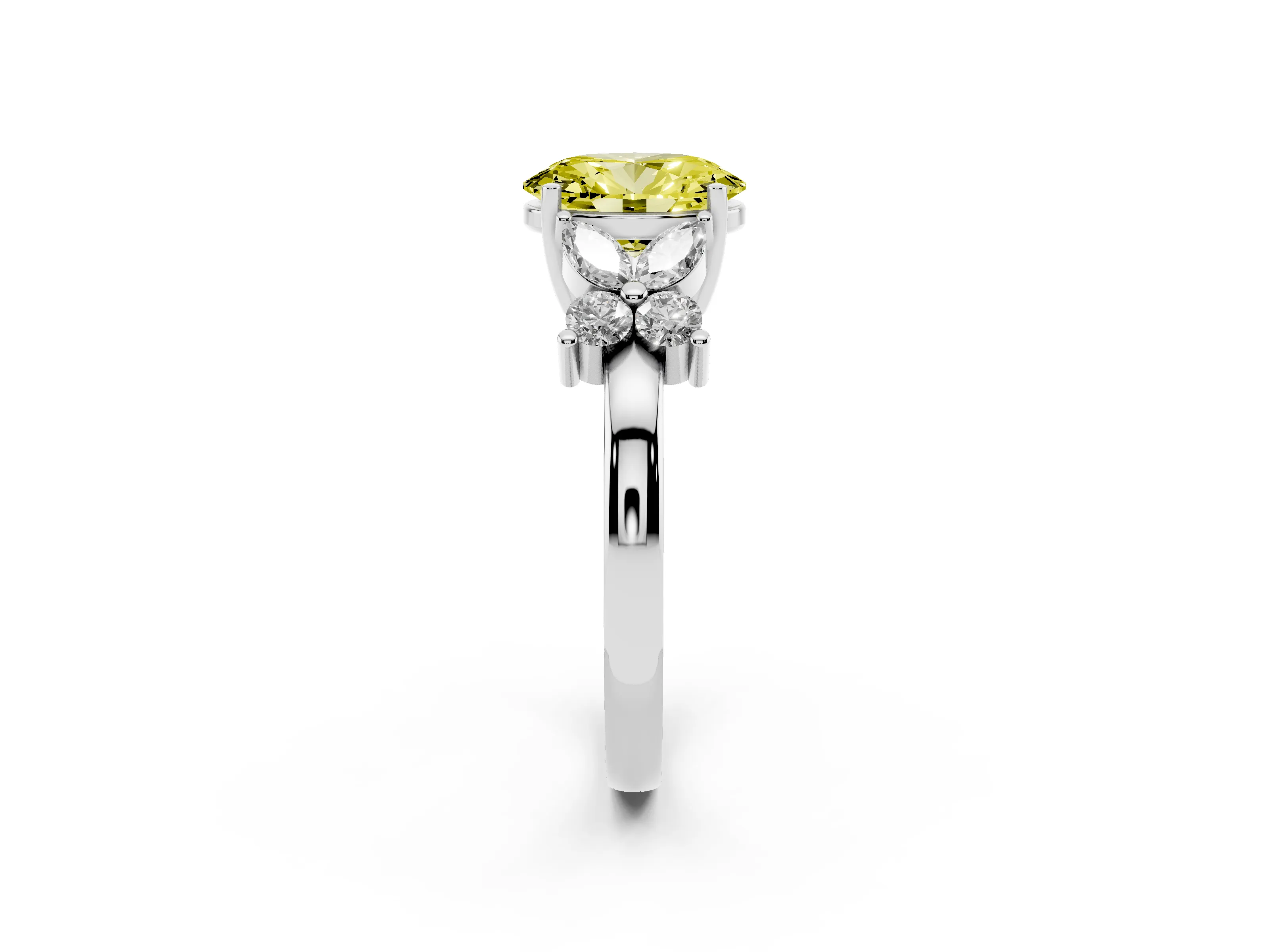 Fancy Yellow Oval Cut Diamond Floral Cluster Ring Set in Platinum with Marquise Petals and Prong Setting