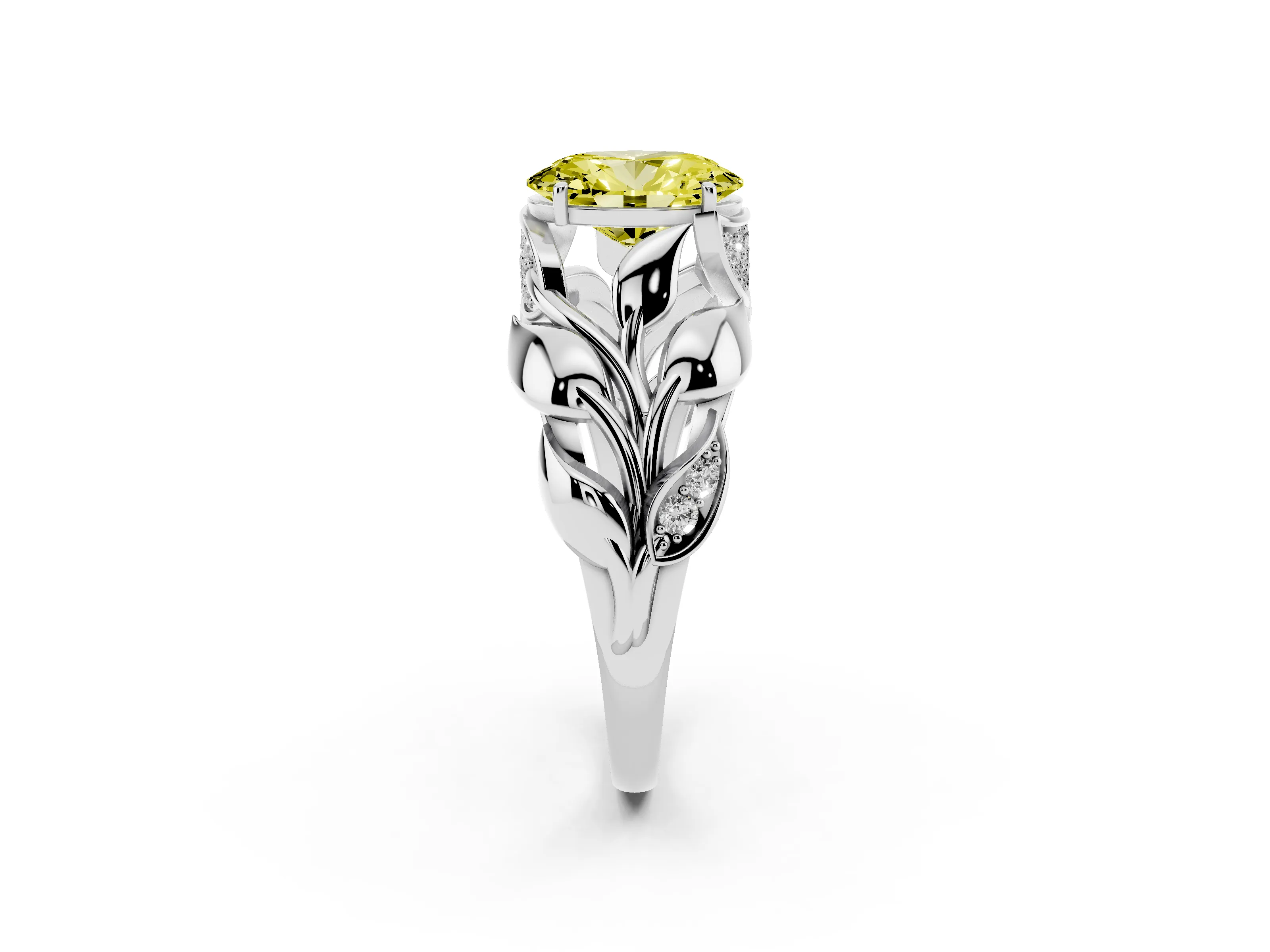 Fancy Yellow Oval Cut Diamond Leaf-Inspired Engagement Ring Set in White gold with Round Accents
