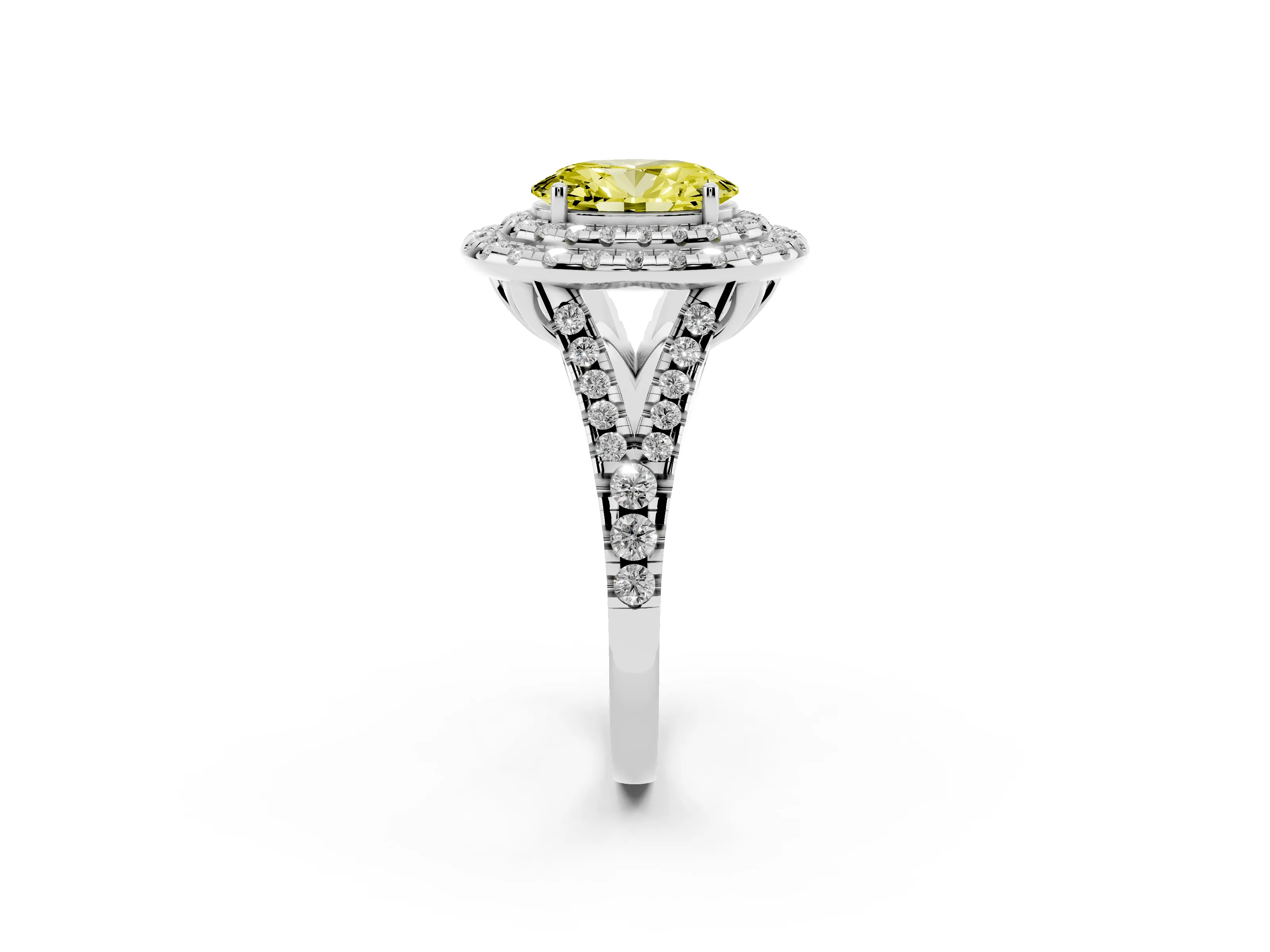 Fancy Yellow Oval Cut Diamond Double Halo Ring Set in White gold with Pavé Split Shank and Prong Setting