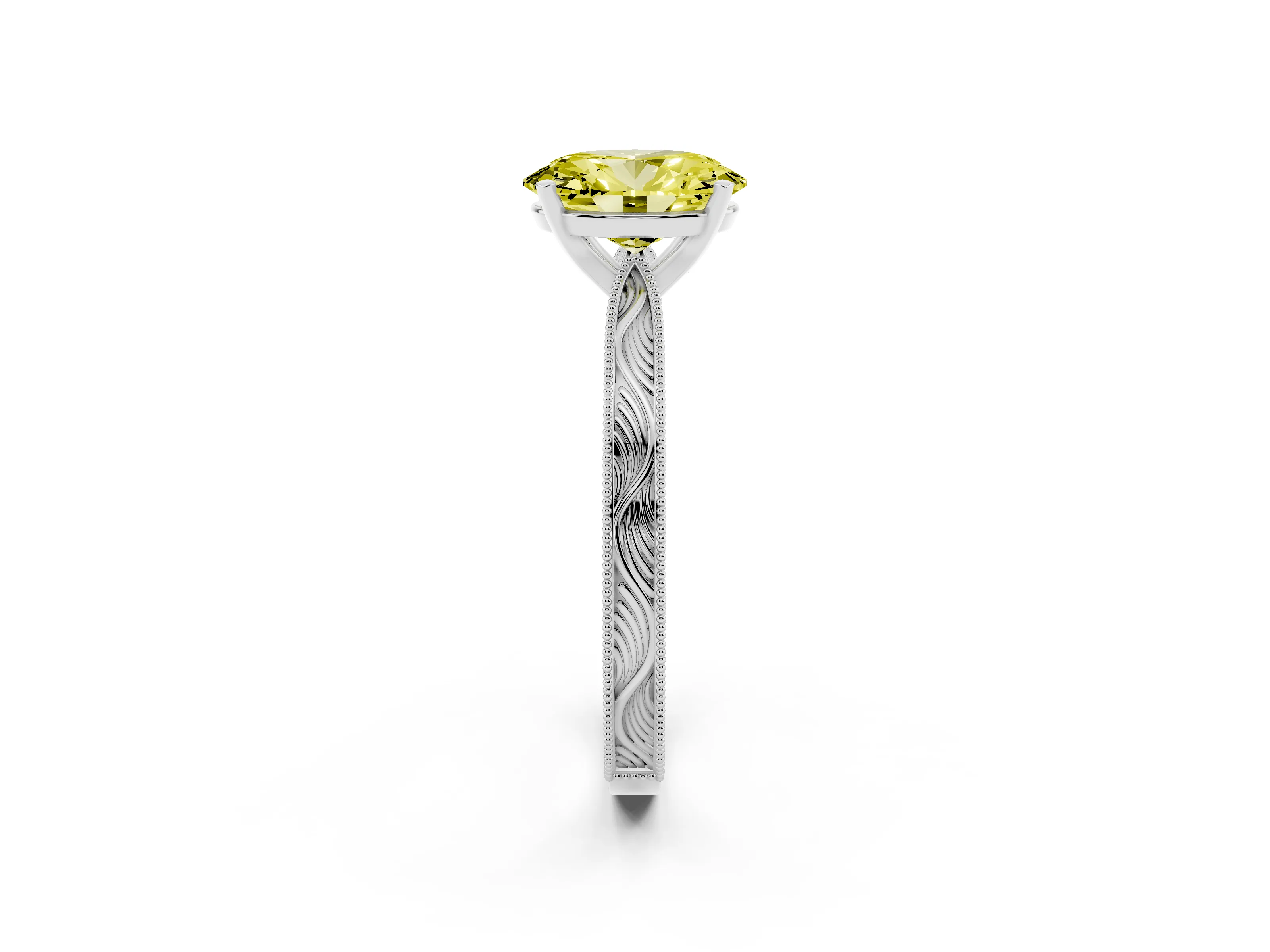 Fancy Yellow Oval Cut Diamond Solitaire Milgrain Engraved Band Set in White gold with Prong Setting