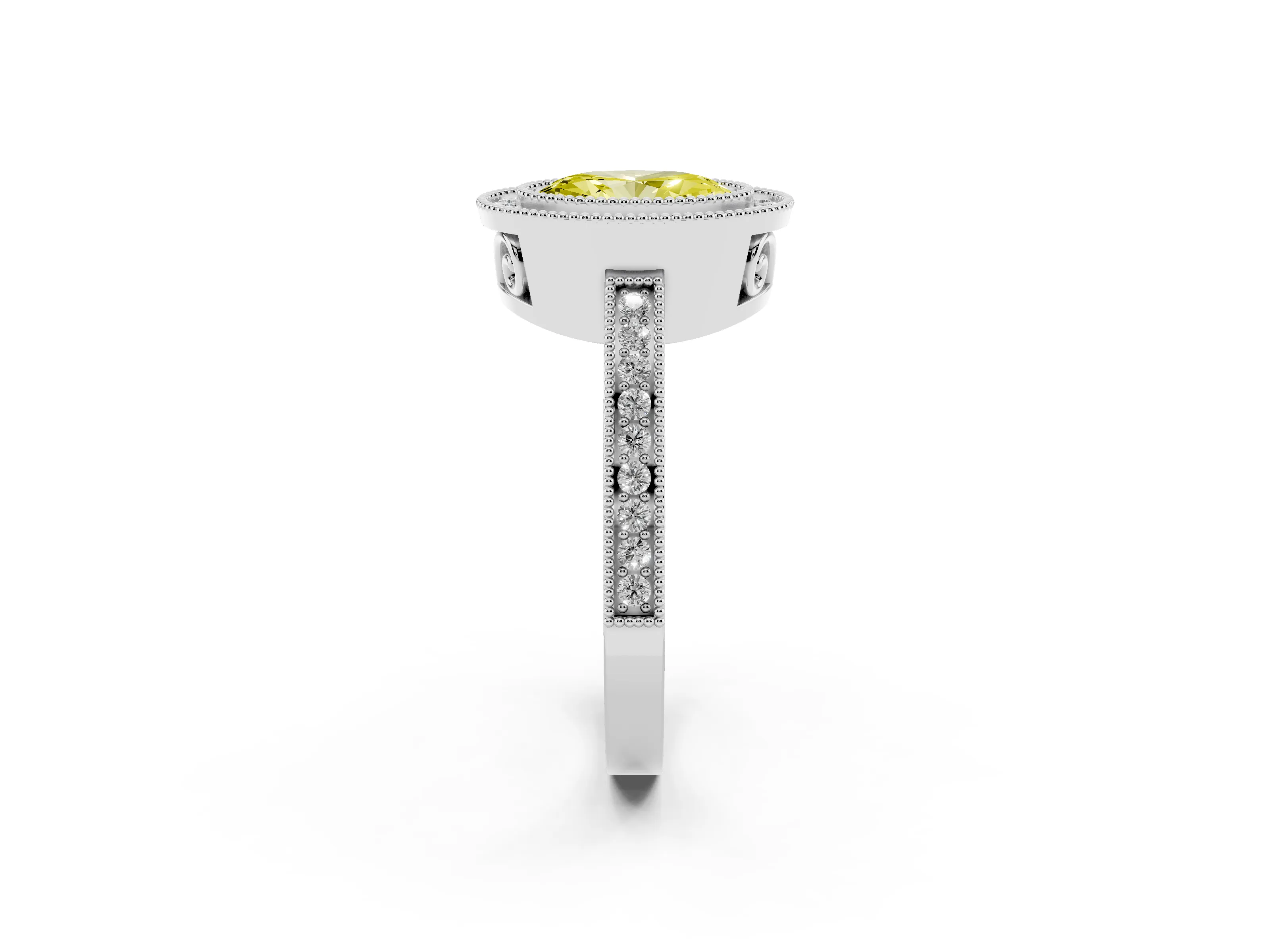Fancy Yellow Oval Cut Diamond Halo Ring Set in Silver with Pavé Band and Milgrain-Edged Prongs