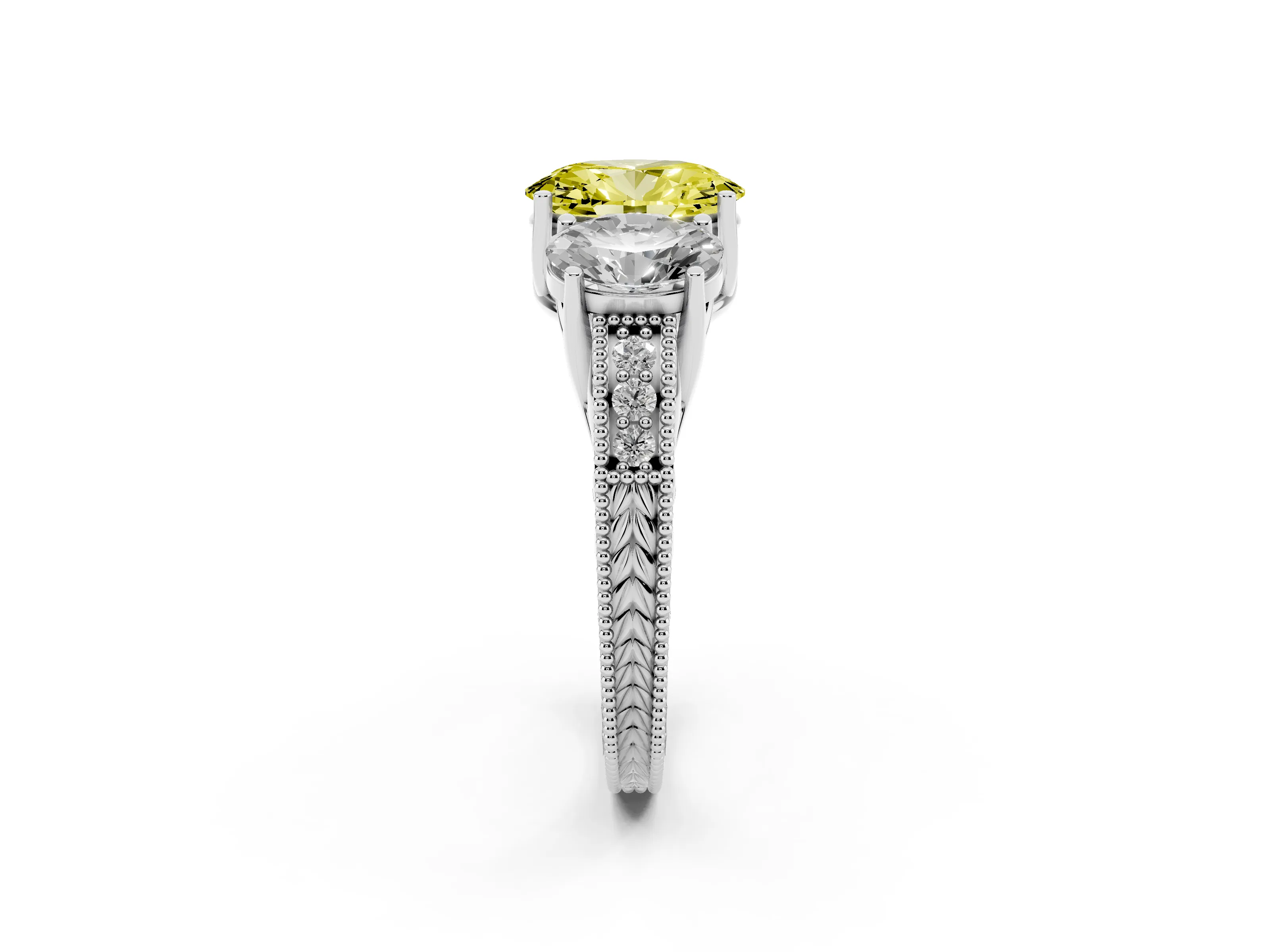 Fancy Yellow Oval Cut Diamond Three-Stone Engagement Ring Set in Silver with Milgrain Pavé Band