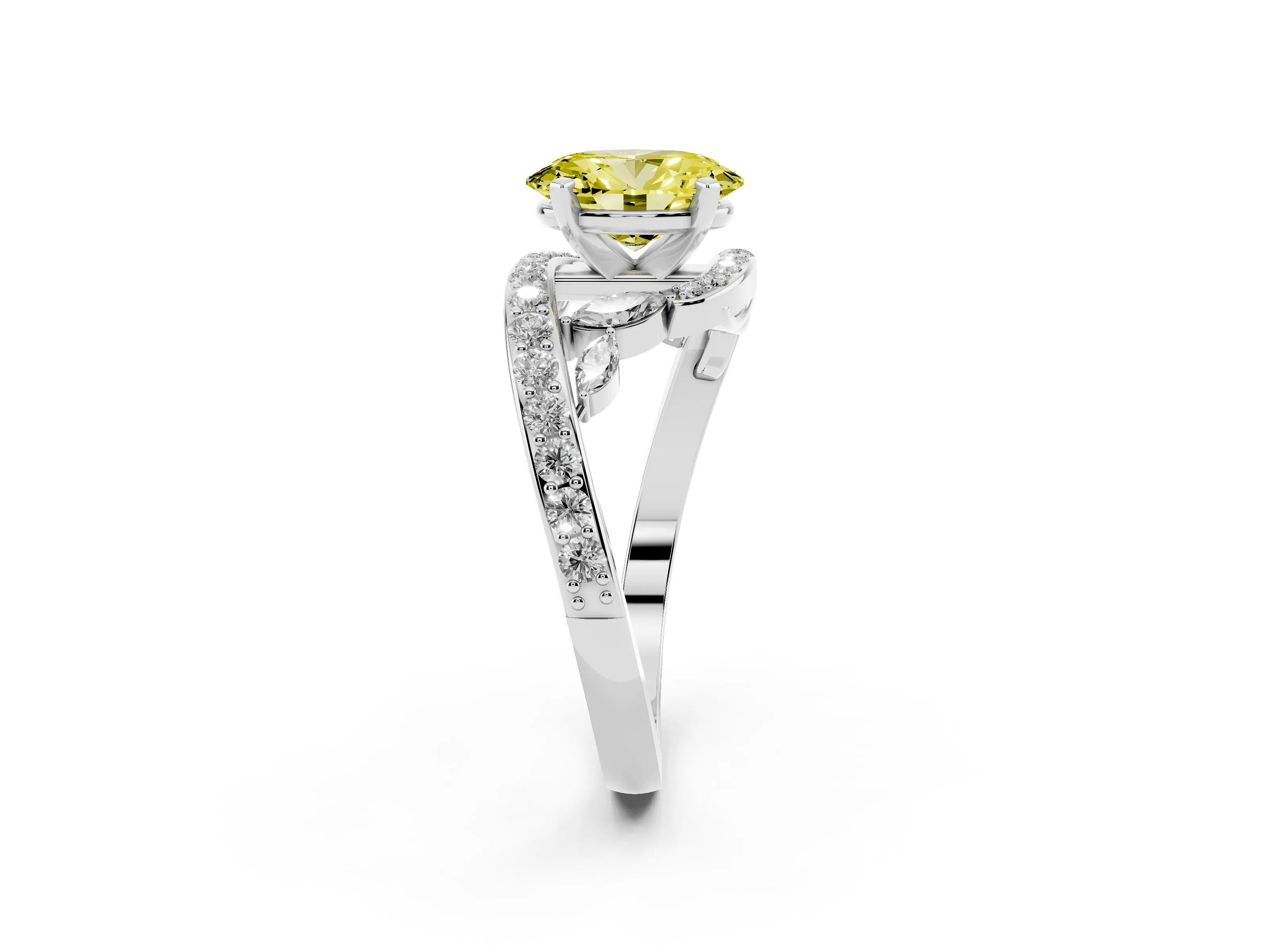 Fancy Yellow Oval Cut Diamond Solitaire Ring Set in Platinum with Pavé Twist Band and Secure Prong Setting