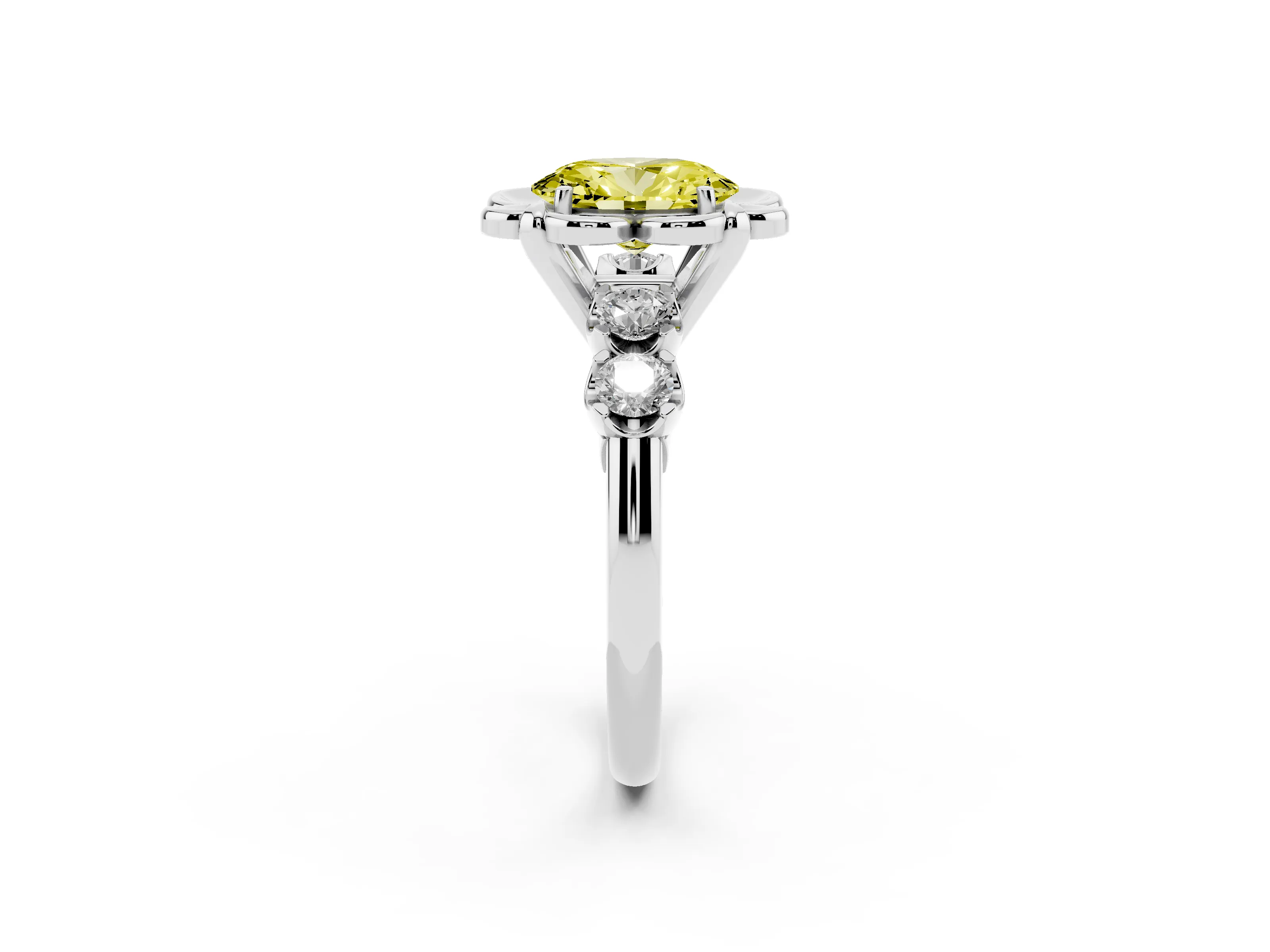 Fancy Yellow Oval Cut Diamond Floral Halo Ring Set in Platinum with Shared Prong Band