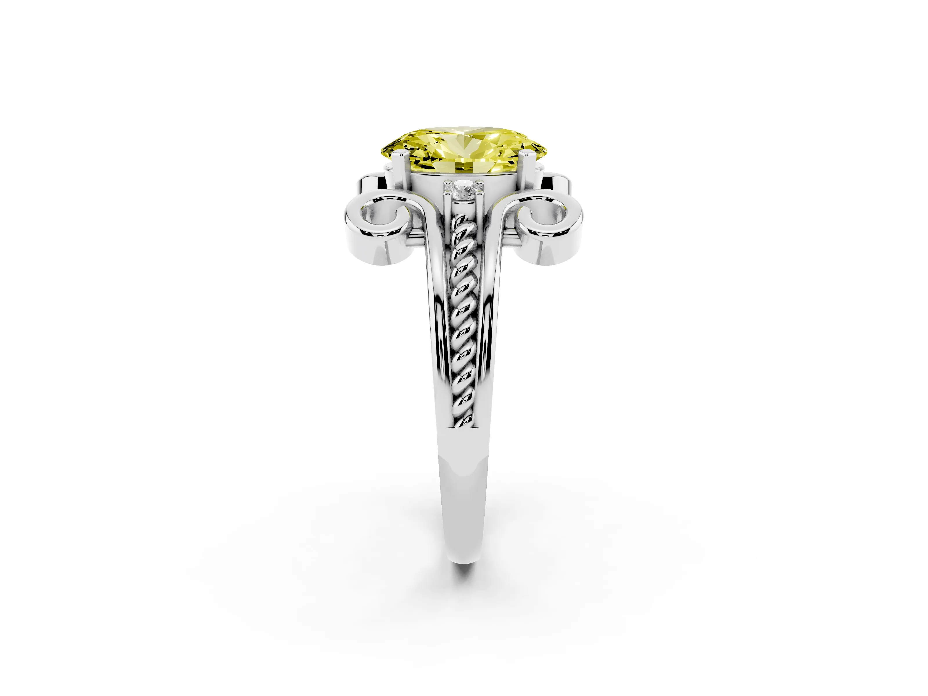 Fancy Yellow Oval Cut Diamond Twisted Band Solitaire Ring Set in Platinum with Scroll Prongs