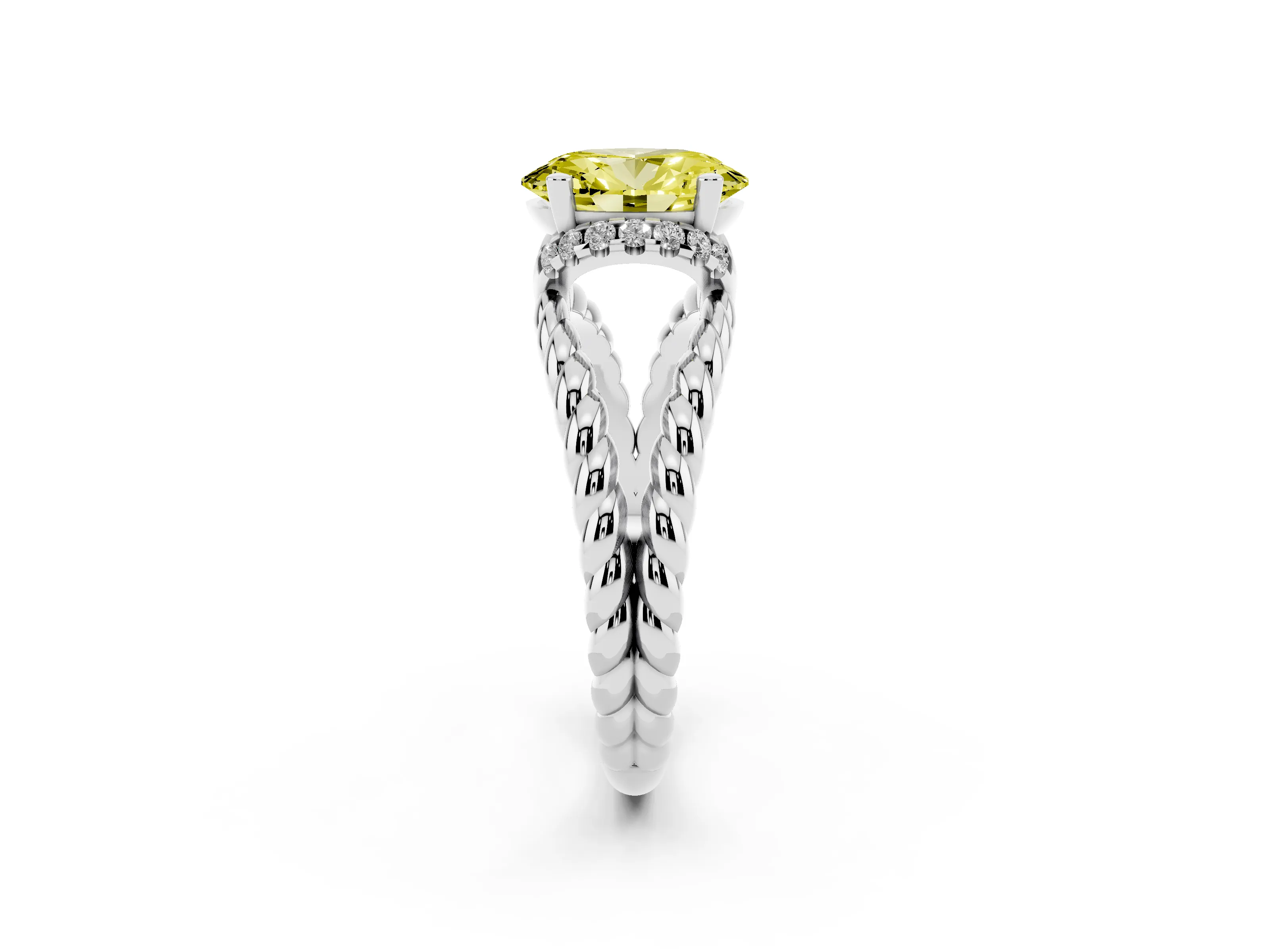 Fancy Yellow Oval Cut Diamond Halo Ring Set in Platinum with Twisted Band and Prong Setting
