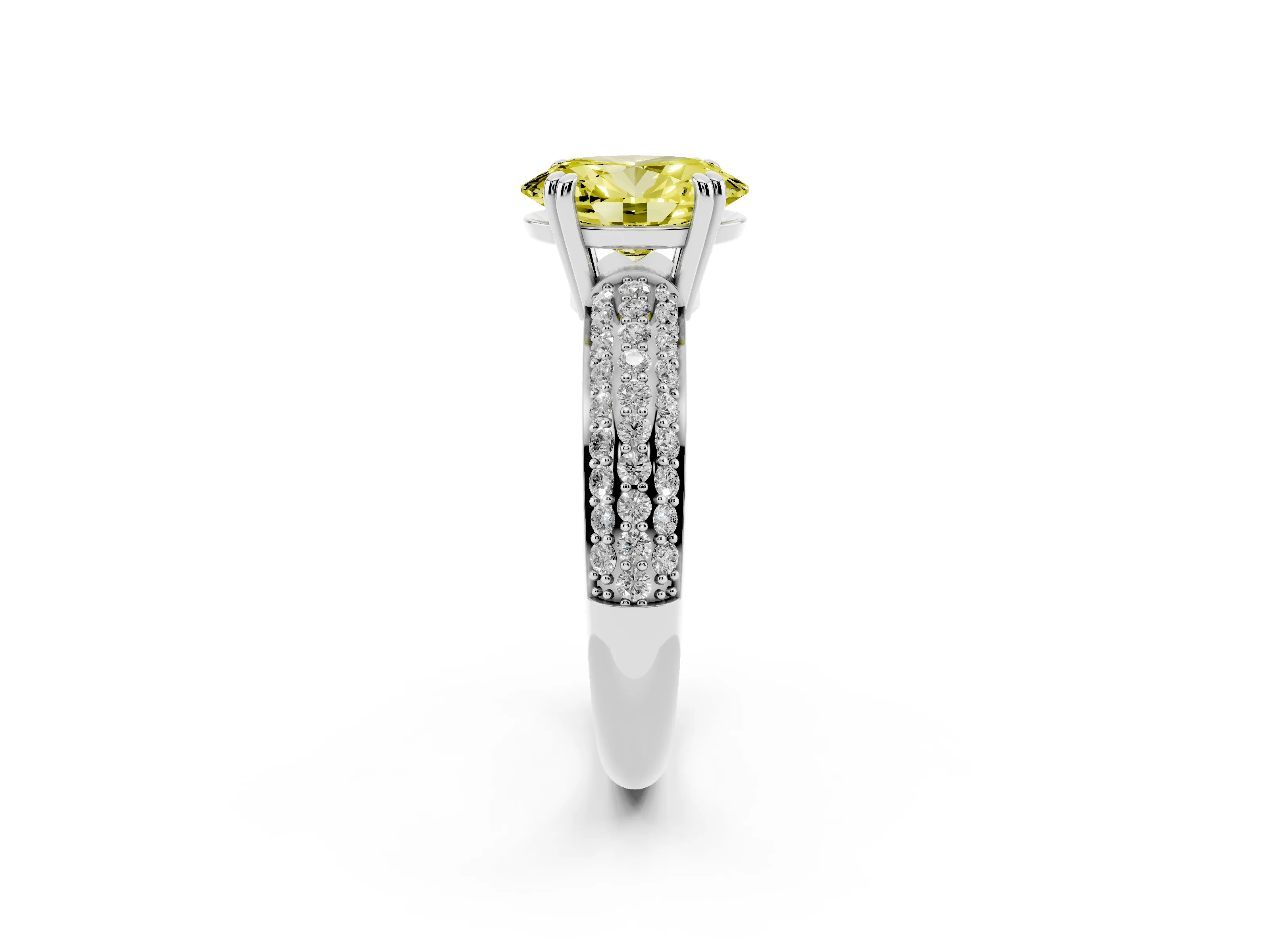 Fancy Yellow Oval Cut Diamond Solitaire Ring Set in Platinum with Multi-Row Round Pavé Band and Prong Setting