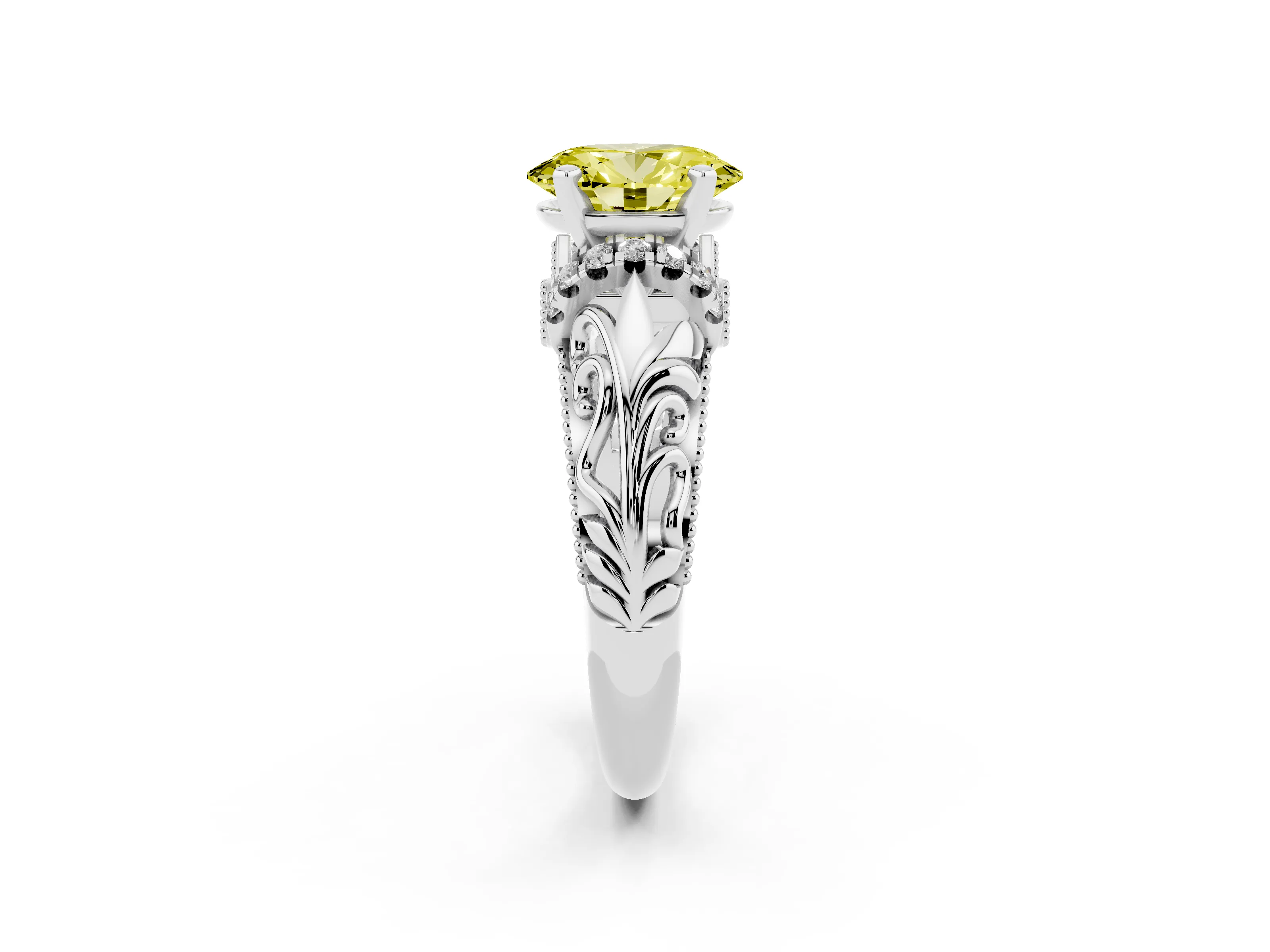 Fancy Yellow Oval Cut Diamond Filigree Halo Engagement Ring Set in Platinum with Prong Setting
