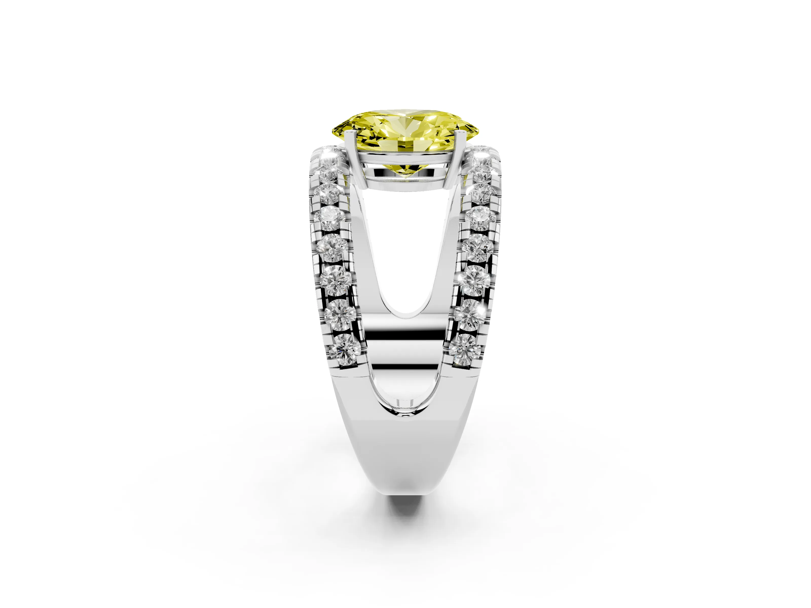 Fancy Yellow Oval Cut Diamond Split Shank Pavé Solitaire Ring Set in Platinum with Open Shank Design