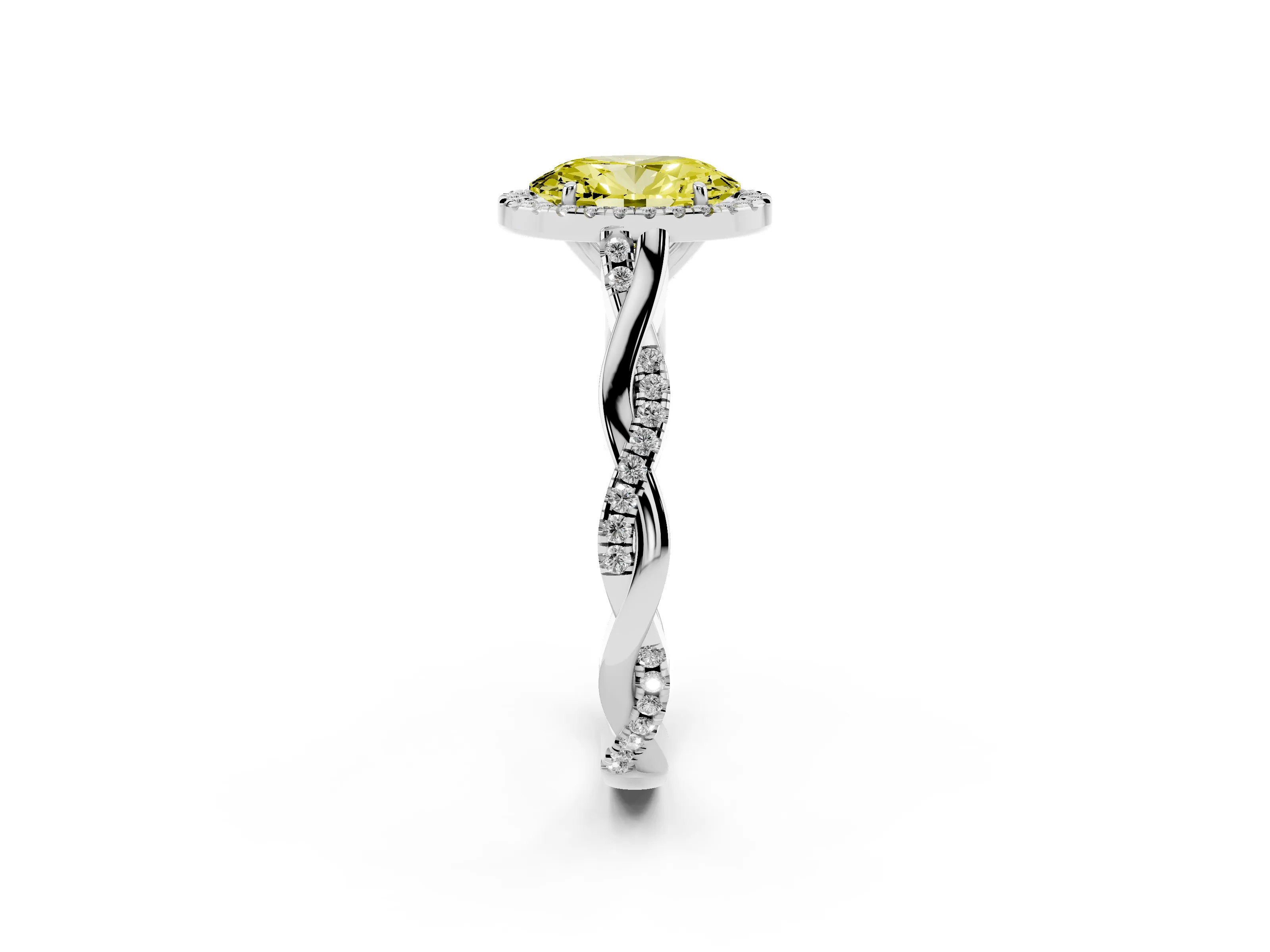 Fancy Yellow Oval Cut Diamond Halo Twist Band Solitaire Ring Set in Platinum with Prong Setting