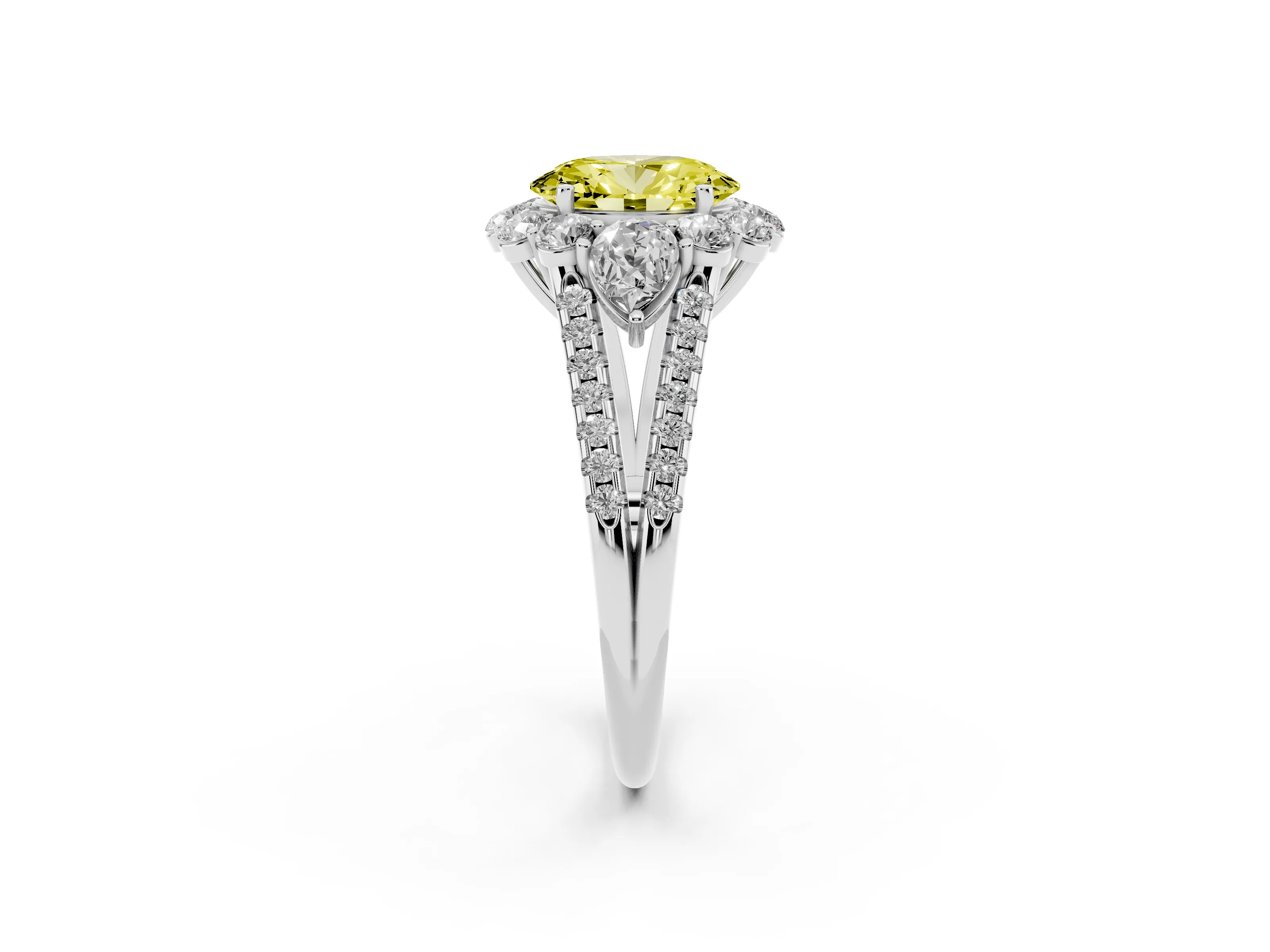 Fancy Yellow Oval Cut Diamond Halo Split Shank Engagement Ring Set in Silver with Prong-Held Center Stone