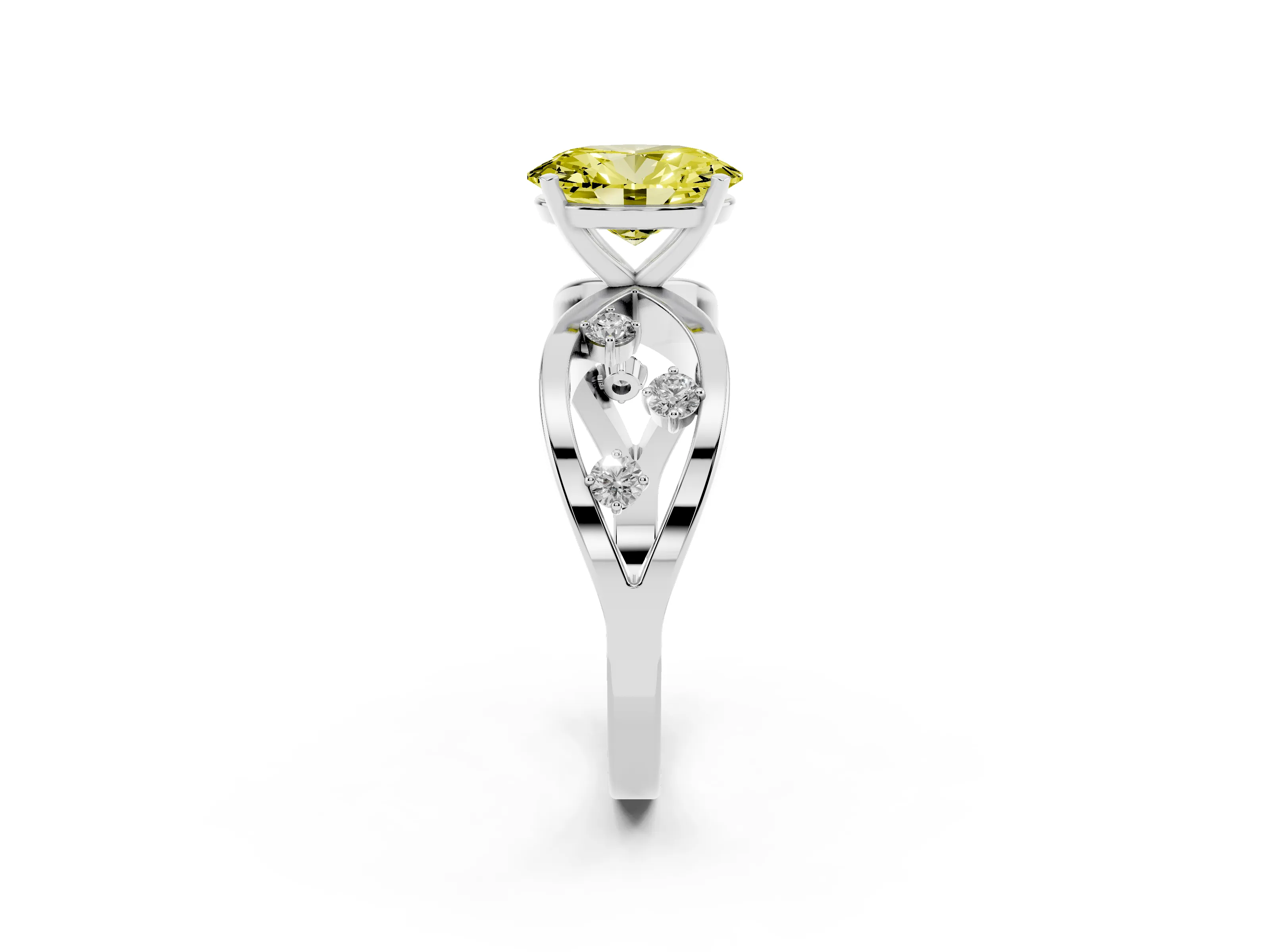 Fancy Yellow Oval Cut Diamond Solitaire Ring Set in White gold with Side Stones on Criss-Cross Band and Prong Setting