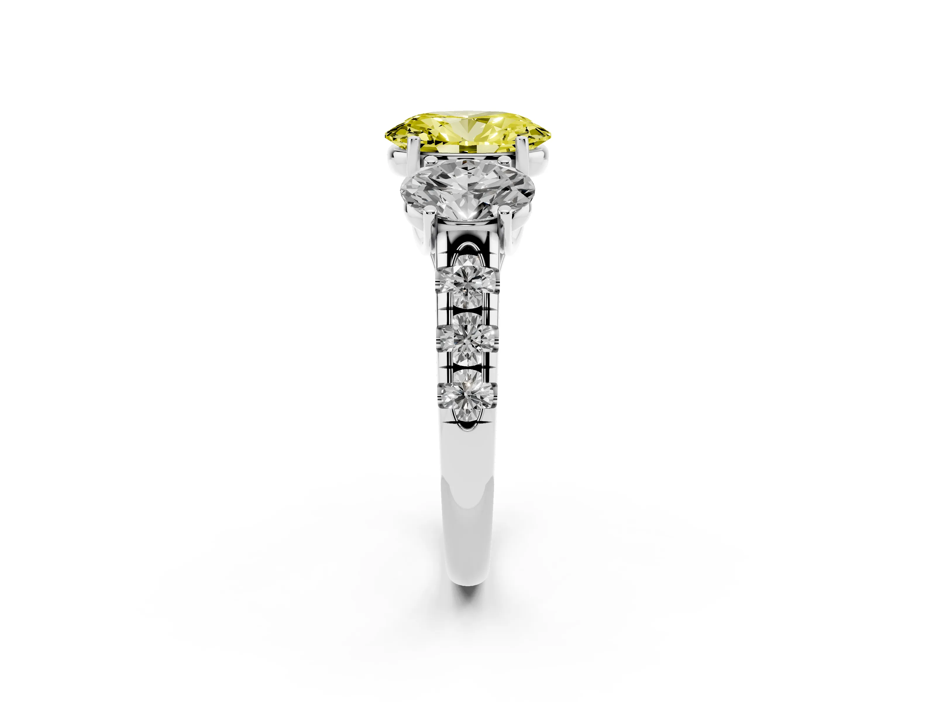 Fancy Yellow Oval Cut Diamond Three-Stone Ring Set in Silver with Pavé Band
