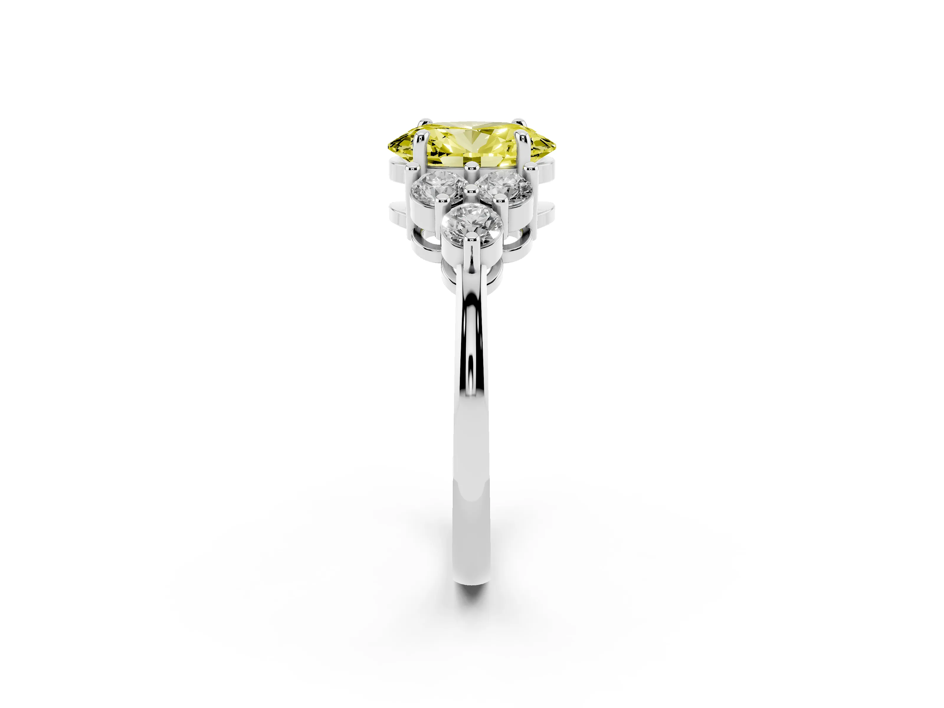 Fancy Yellow Oval Cut Diamond Solitaire Ring Set in Silver with Cluster Accents on Each Side