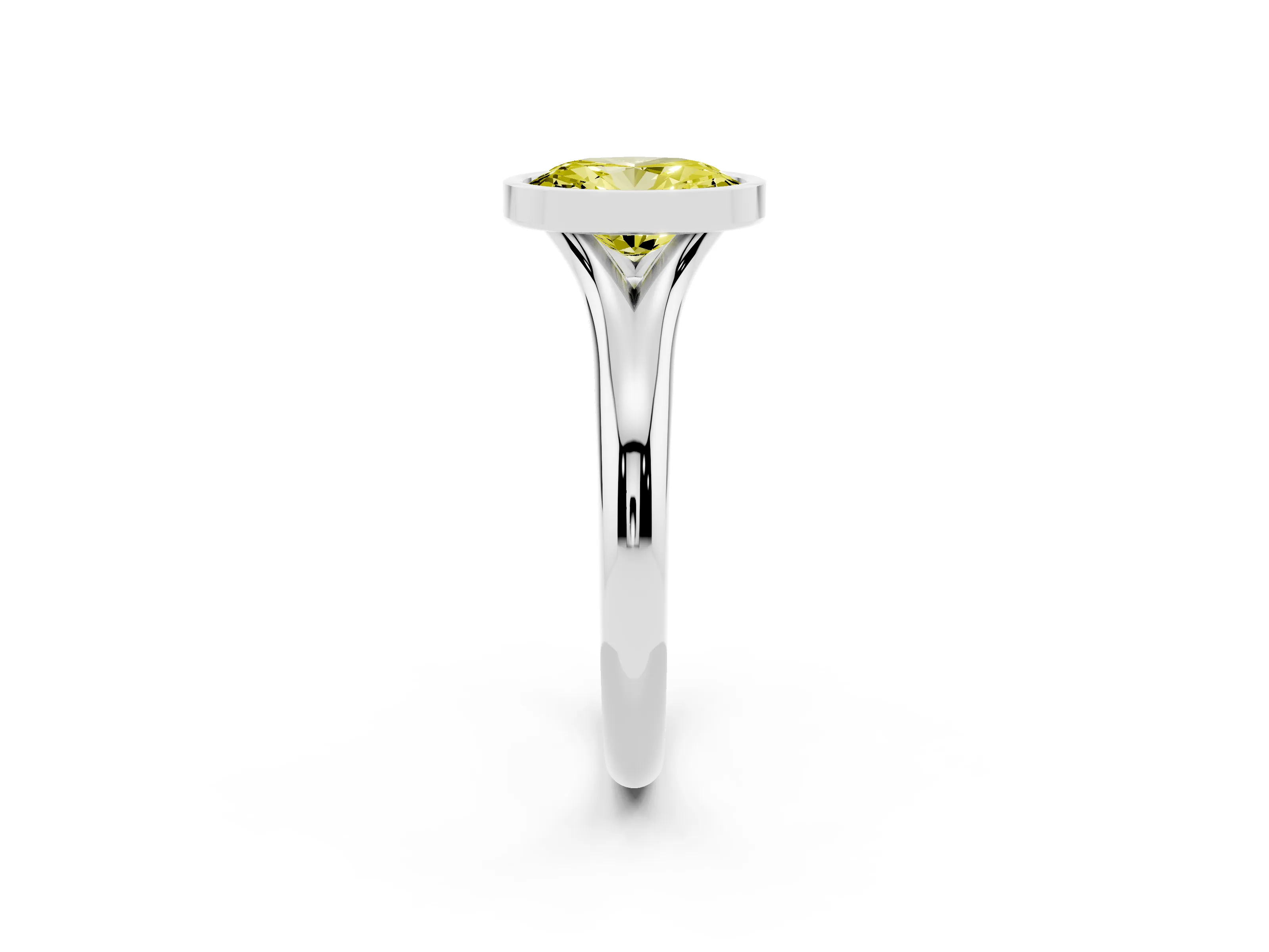 Fancy Yellow Bezel Set Oval Cut Diamond Solitaire Ring Set in White gold with Smooth Band