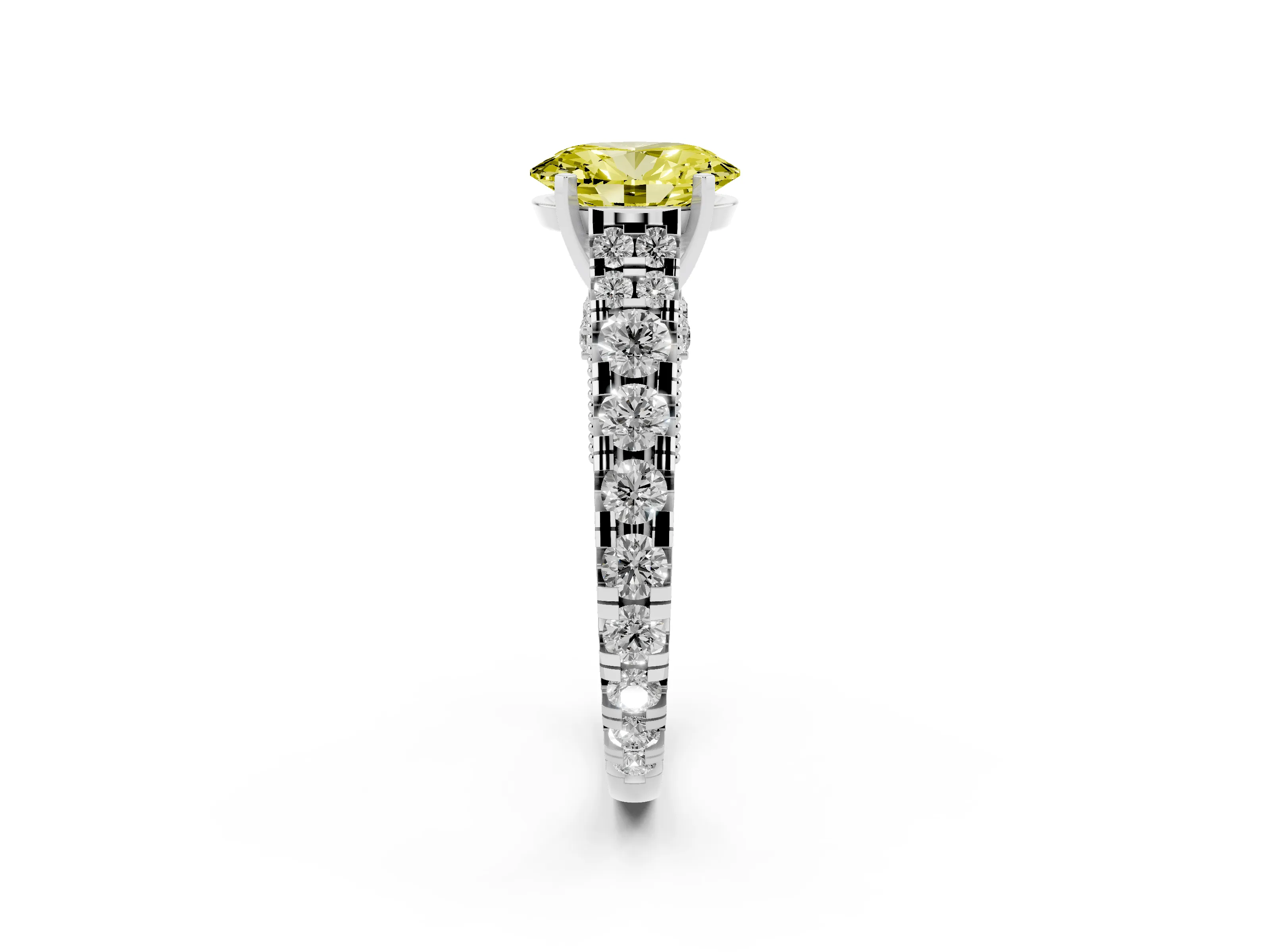 Fancy Yellow Oval Cut Diamond Classic Solitaire Ring Set in Platinum with Pavé Band and Prong Setting