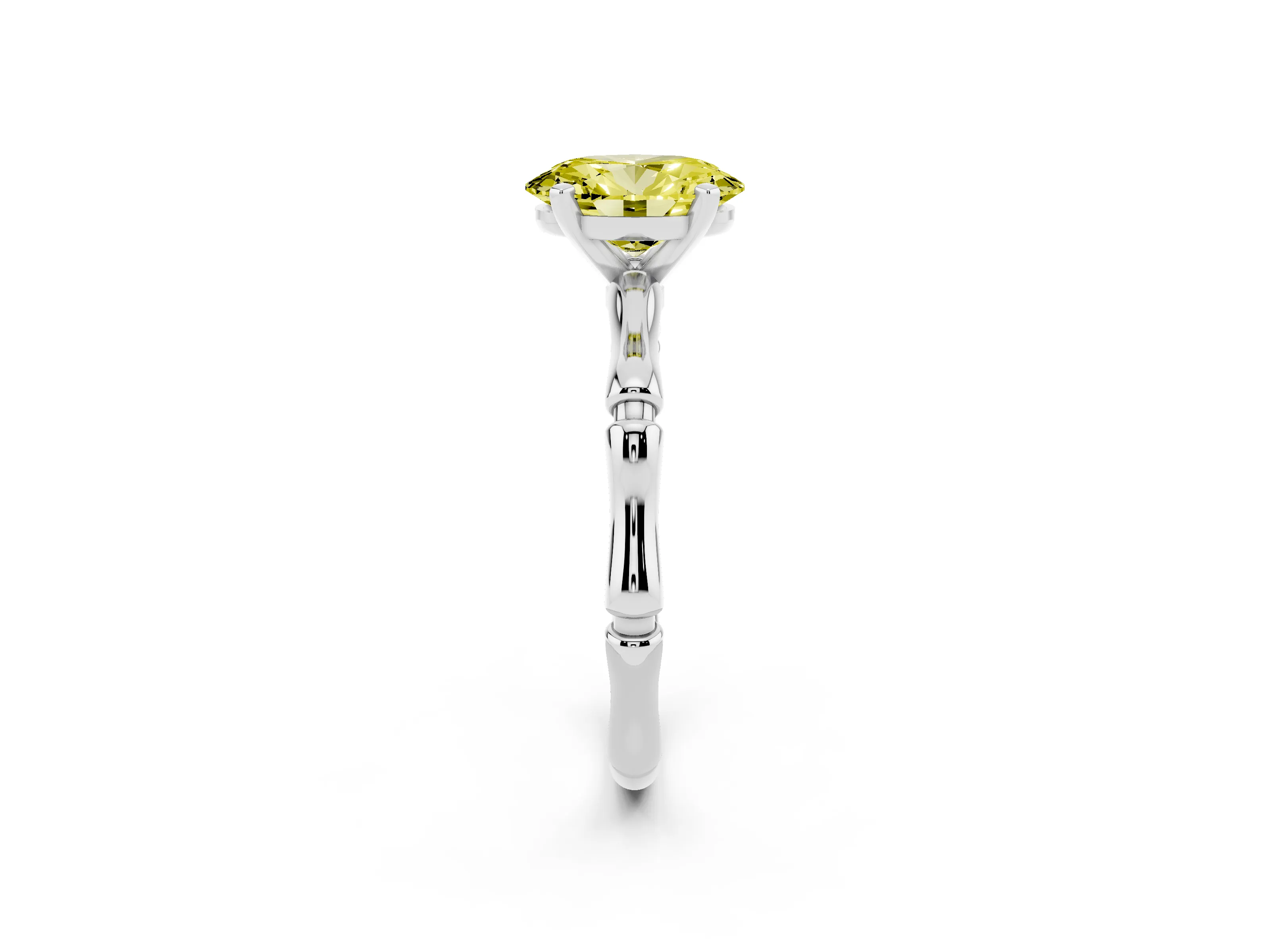Fancy Yellow Oval Cut Diamond Solitaire Ring Set in Platinum with Bamboo Band and Prong Setting