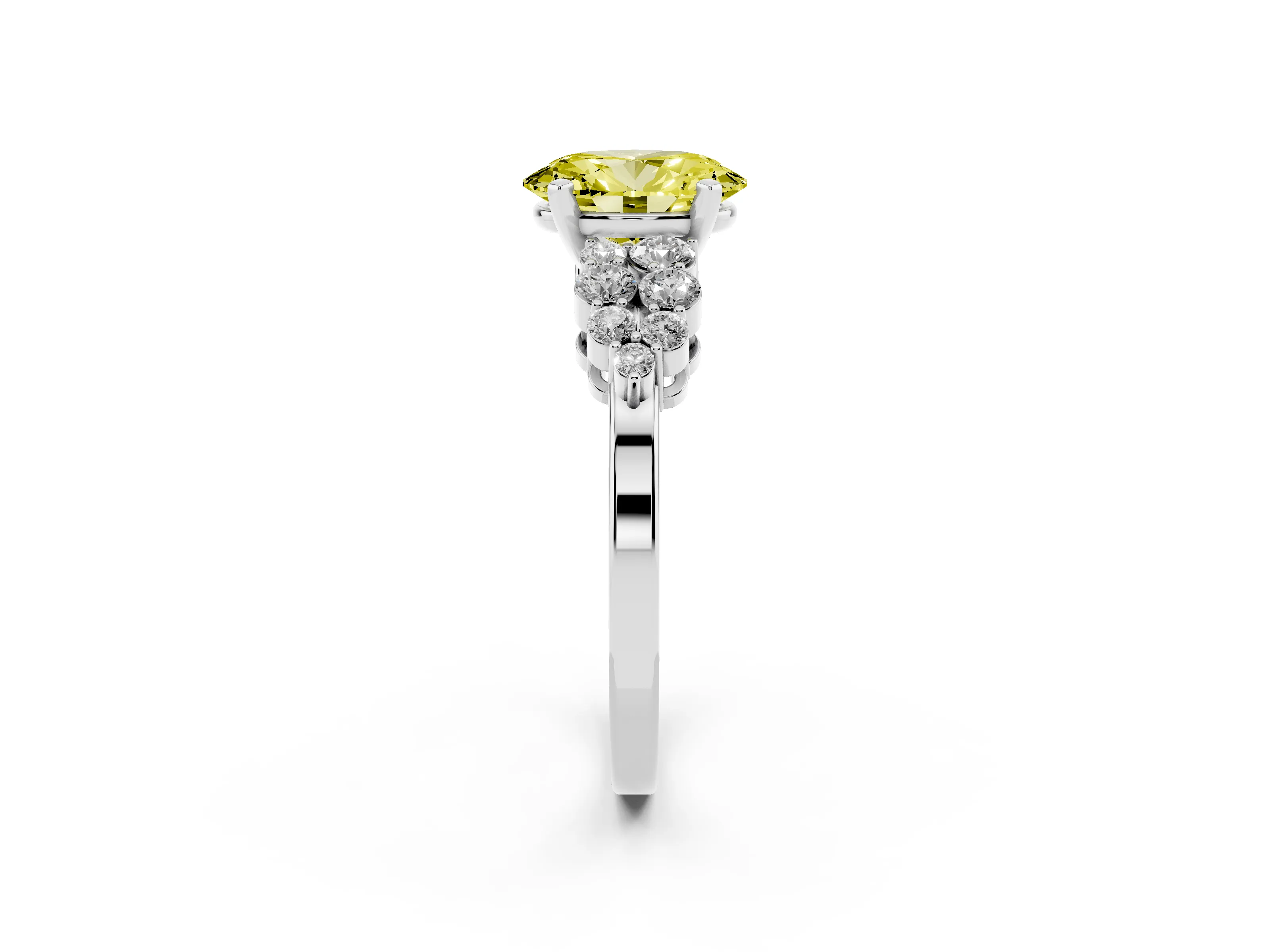 Fancy Yellow Oval Cut Diamond Cluster Engagement Ring Set in White gold with Pavé Band and Prong Setting