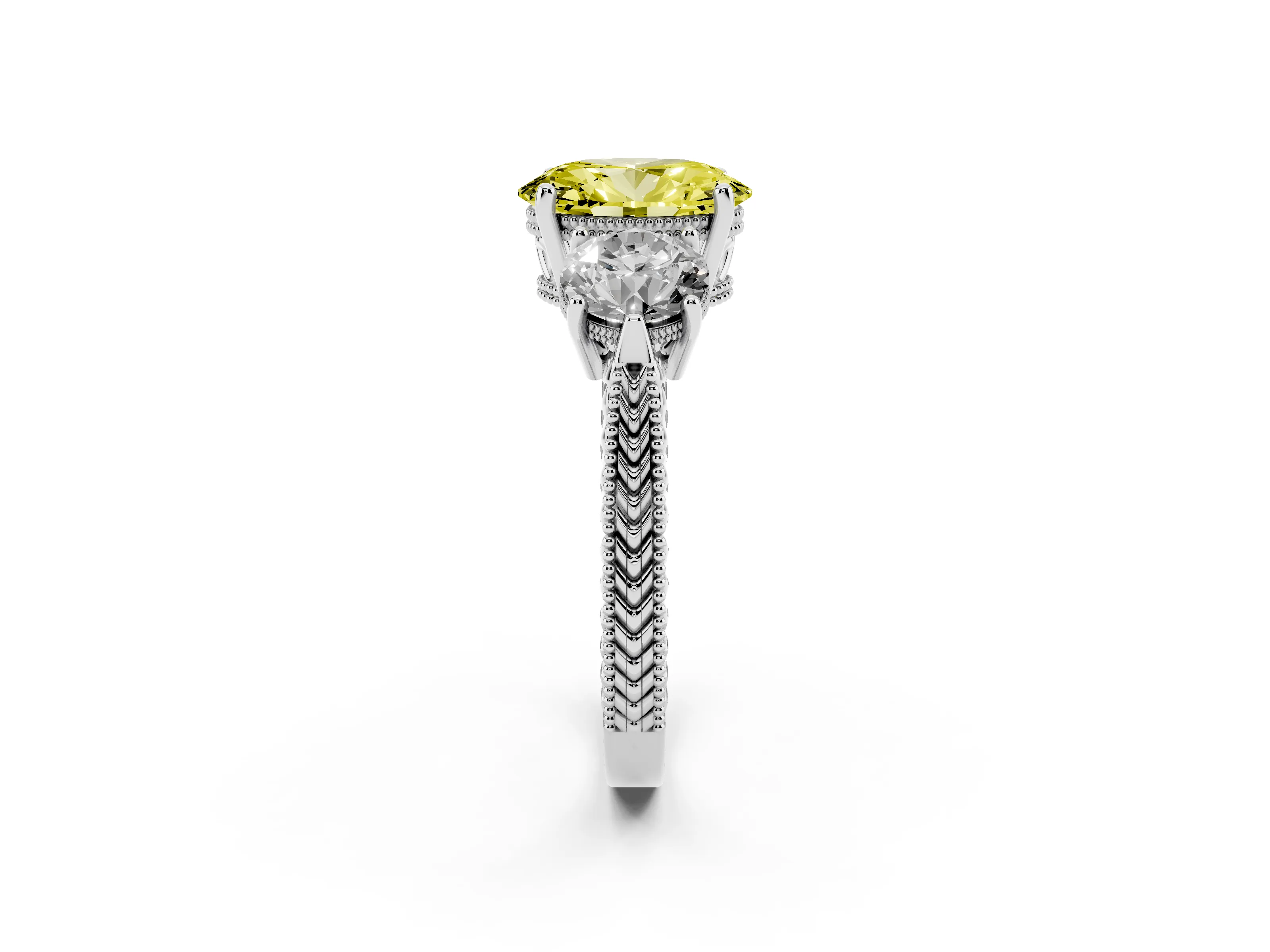 Fancy Yellow Oval Cut Diamond Three-Stone Ring Set in Silver with Milgrain Band