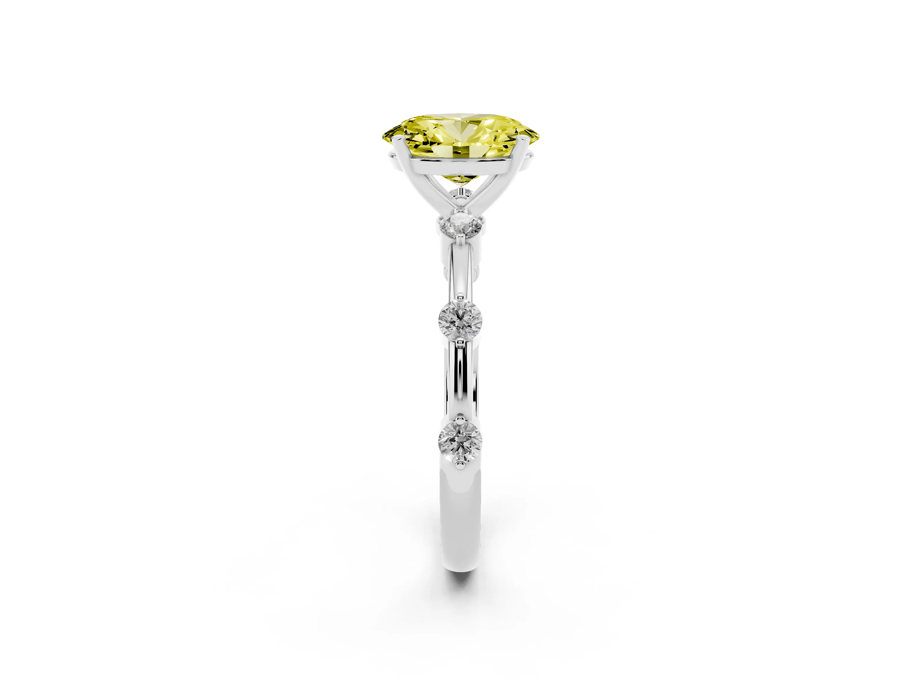 Fancy Yellow Oval Cut Diamond Solitaire Ring Set in Silver with Bezel Set Side Stones and Prong Setting