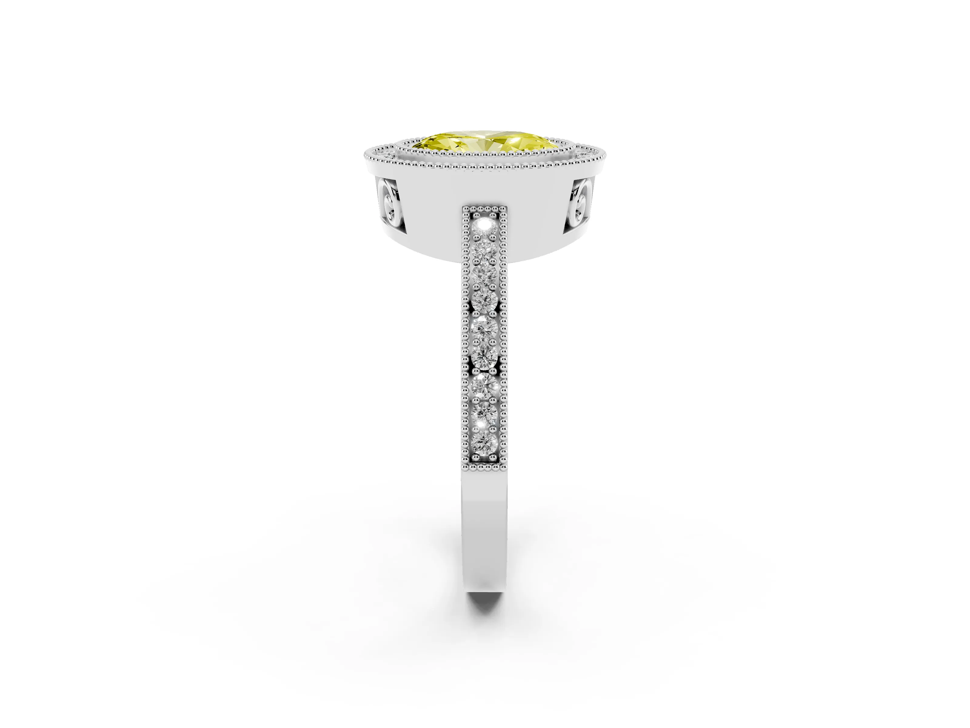 Fancy Yellow Oval Cut Diamond Round Halo Ring Set in White gold with Pavé Band