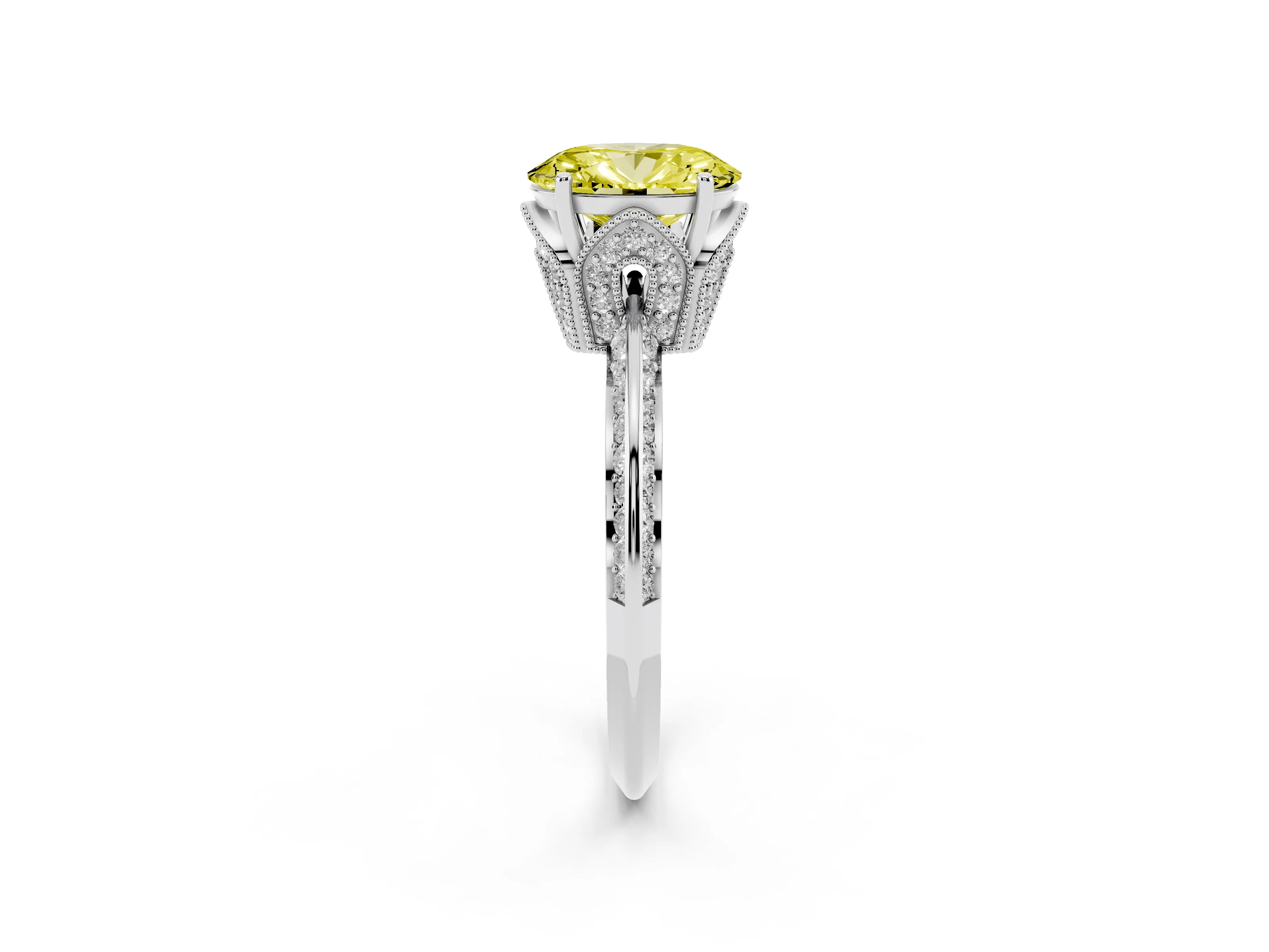 Fancy Yellow Oval Cut Diamond Solitaire Engagement Ring Set in Silver with Pavé Split Shank and Prong Setting