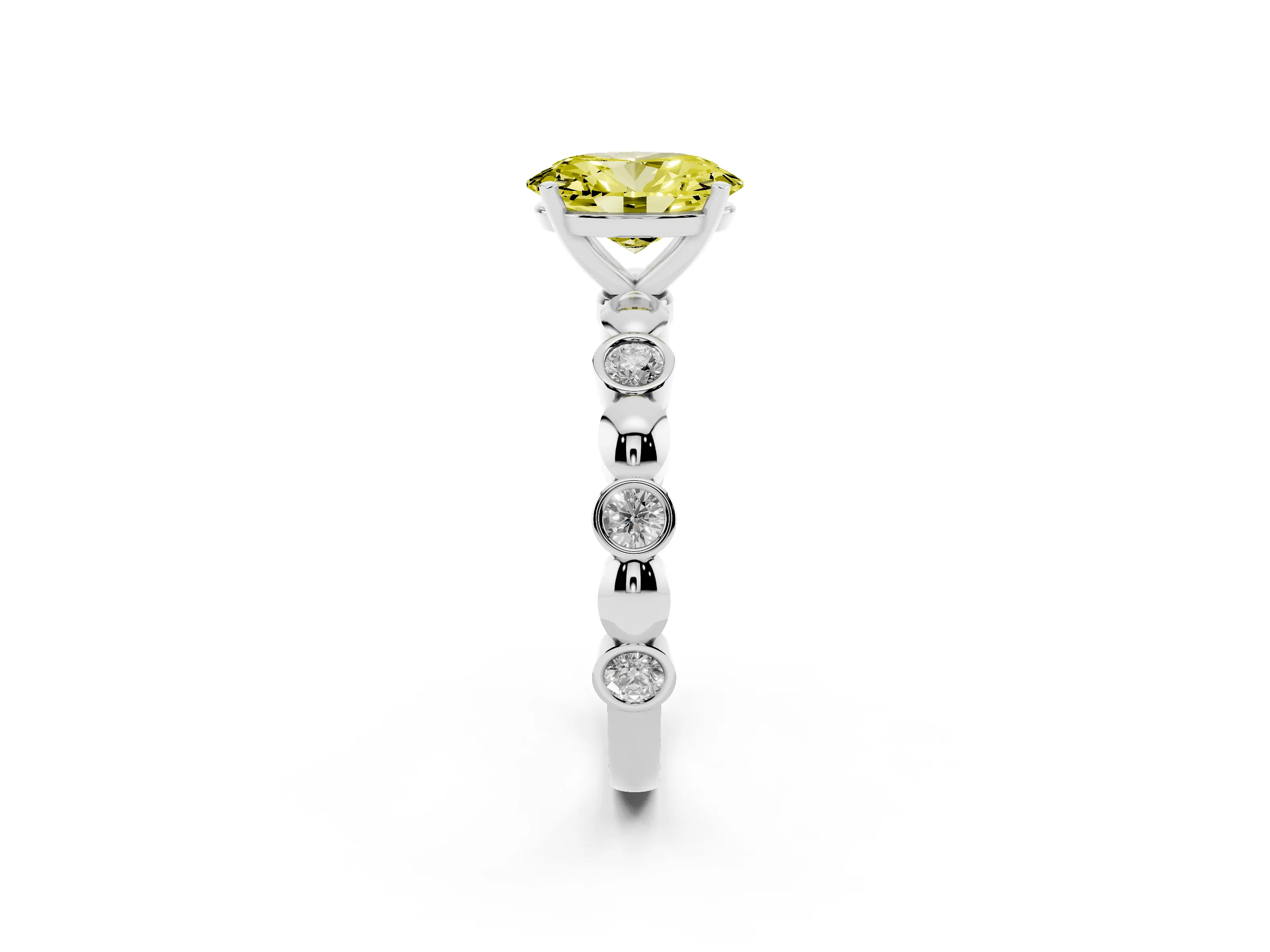 Fancy Yellow Oval Cut Diamond Solitaire Ring Set in Silver with Bezel-Set Accents on Beaded Band and Prong Setting