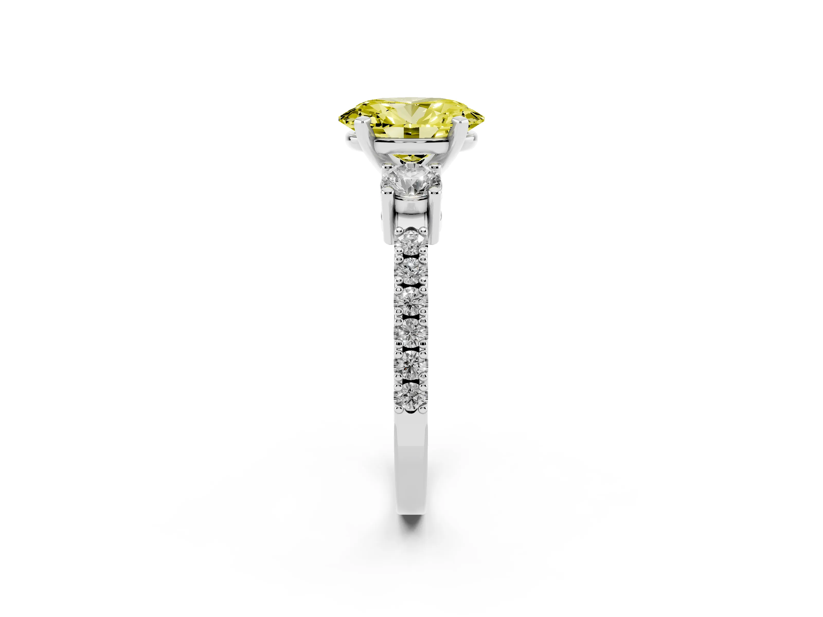 Fancy Yellow Three-Stone Oval Cut Diamond Pavé Band Ring Set in White gold with Prong Setting